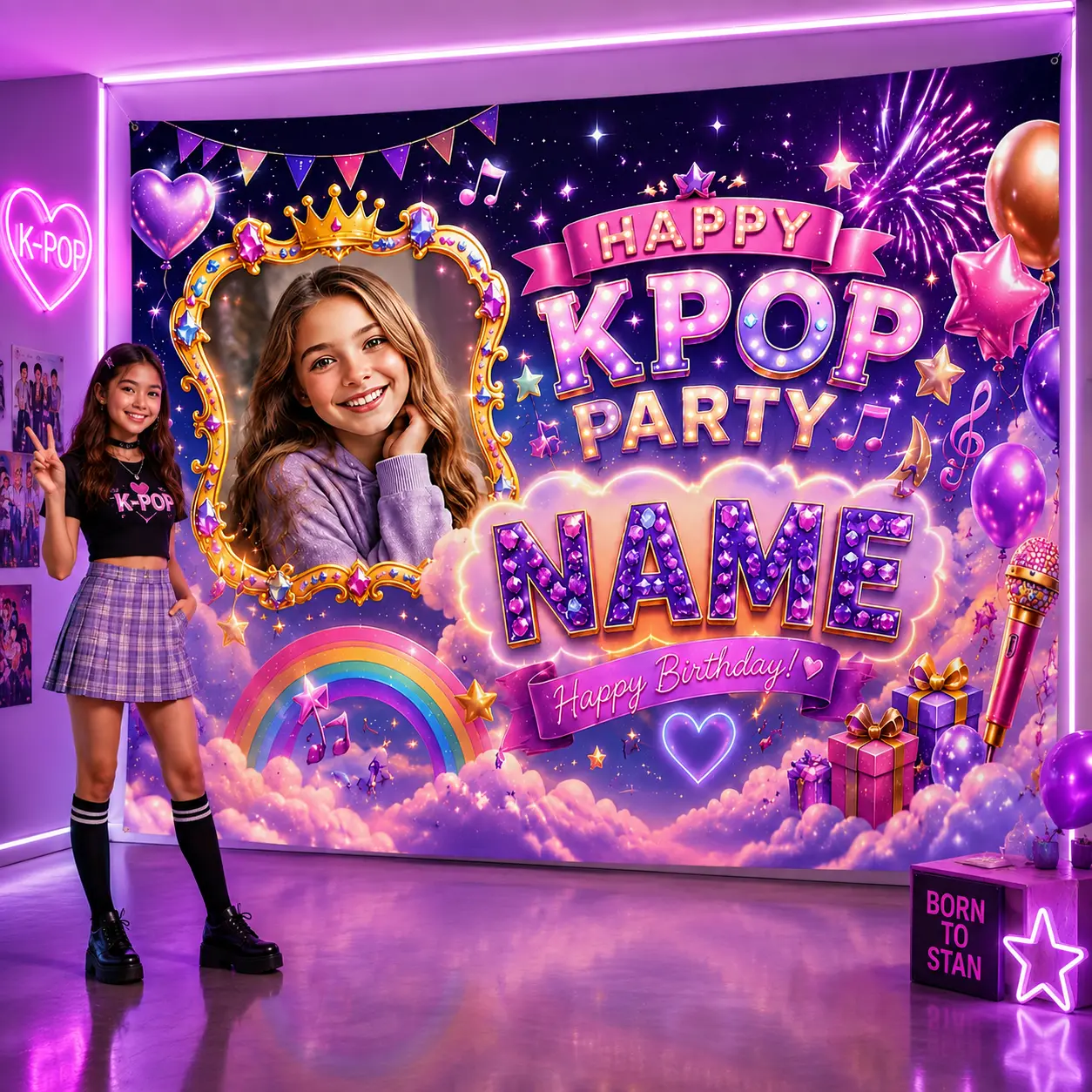 Personalized Pop Idol Birthday Backdrop with Photo & Name – Purple Rainbow Music Party Decor