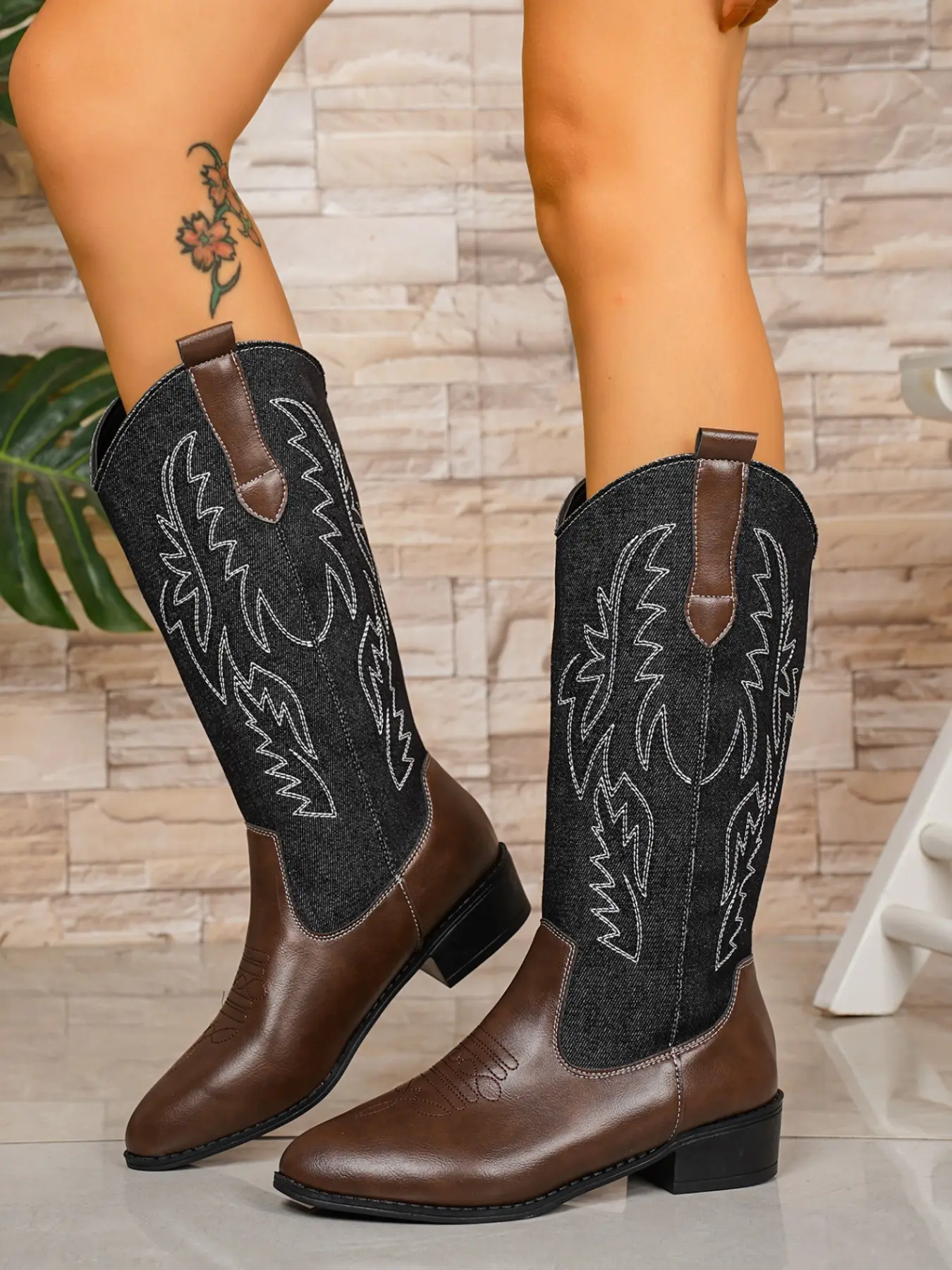 Vintage Patchwork Denim Embroidered Western Cowboy Mid-Calf Boots for Women, Cowgirl Boot, Chunky Heel Pointed Toe Durable Versatile Knight Boots