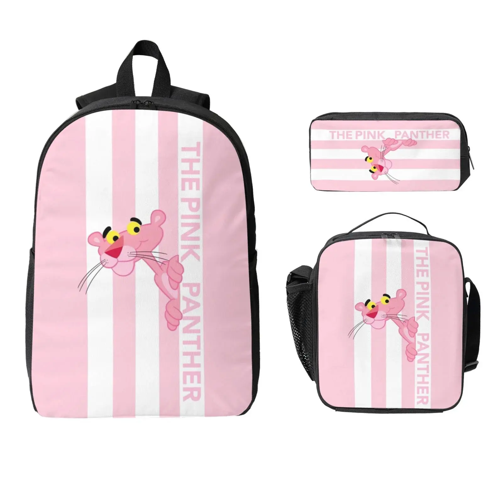 3-Piece Backpack Set, Cartoon Pink Panther Water-Repellent Oxford School Bookbag for Girls with Lunch Box and Pencil Case, Large Capacity Travel Knapsack, Back To School Haul, One Size