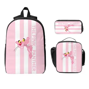 3 Piece High Capacity Bookbag Pink Cartoon Pan-ther Backpack Set Travel Knapsack with Lunch Box Pencil Case