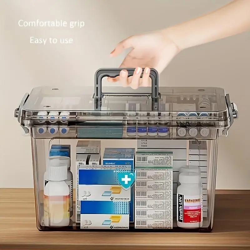 Durable Dual-Layer Medicine Storage Box with Handle, Transparent Waterproof Design, Multiple Compartments for Home & Travel Use, Clear Storage Box