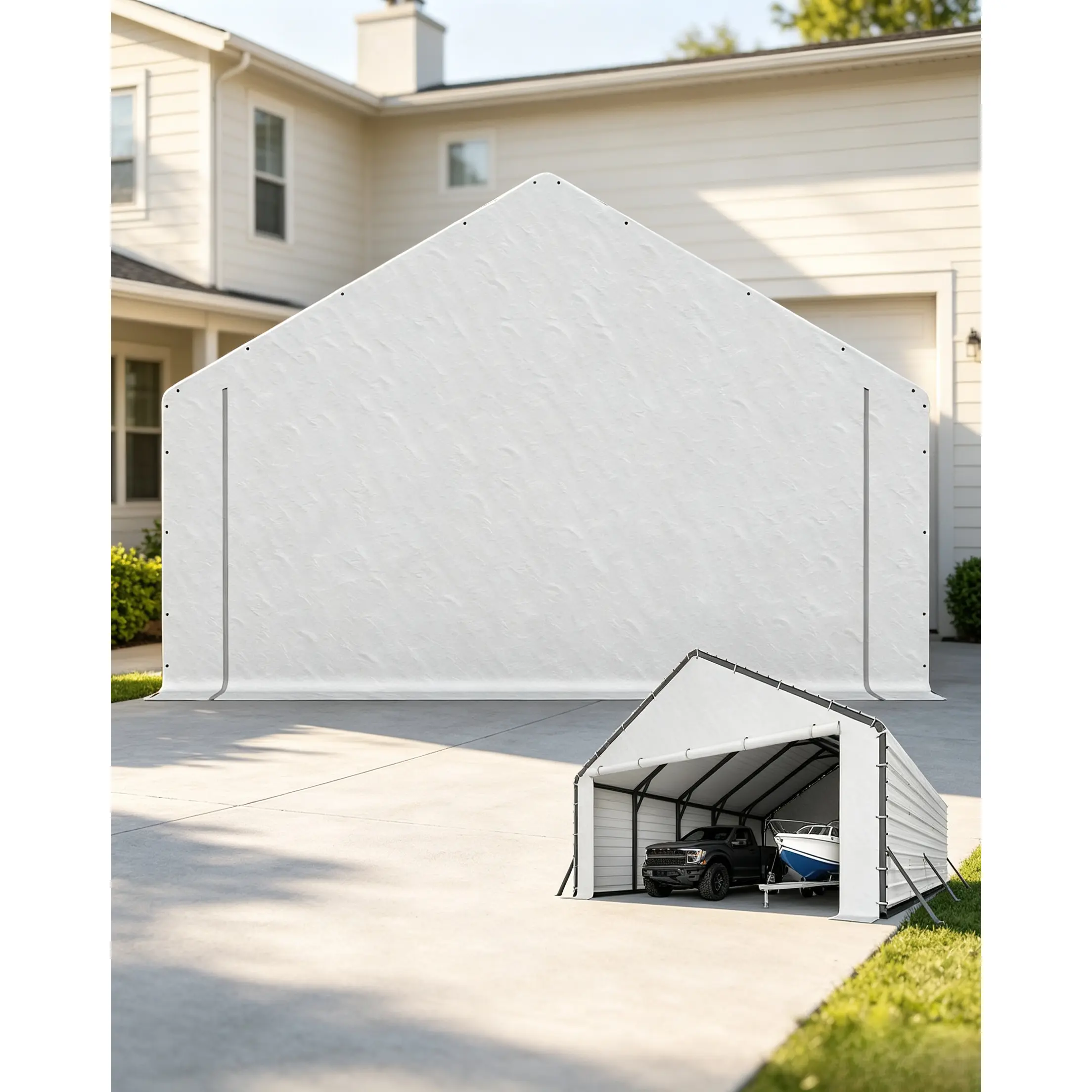 20FT Heavy Duty Carport Shelter Canopy with Roll-Up Zipper Doors, All-Weather Waterproof PE Storage Shed, Large White Outdoor Boat Tent & Workshop Garage