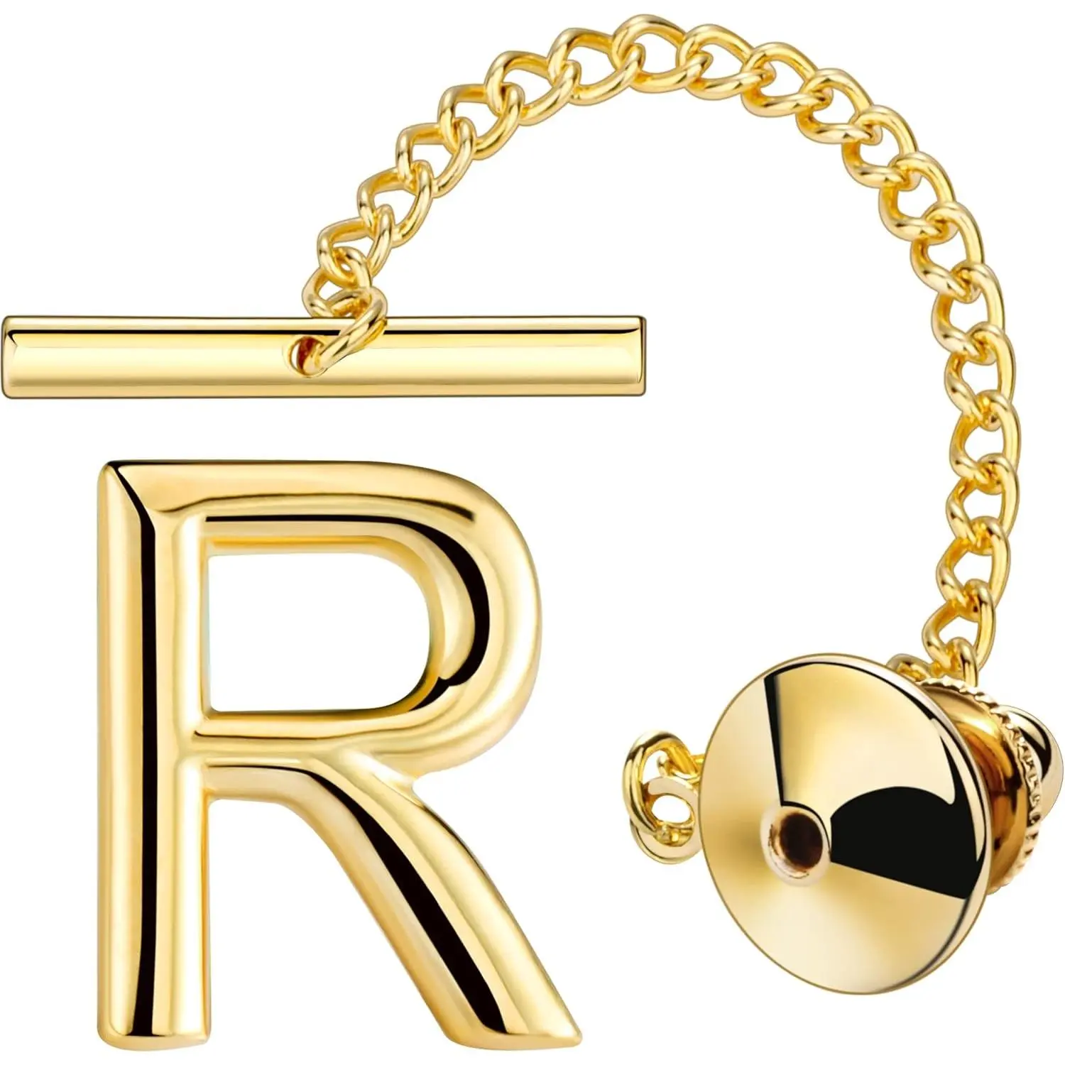 Men Tie Tack, Initial A-Z Gold Tie Pin with Chain Clips for Necktie, Bow Tie & Hat