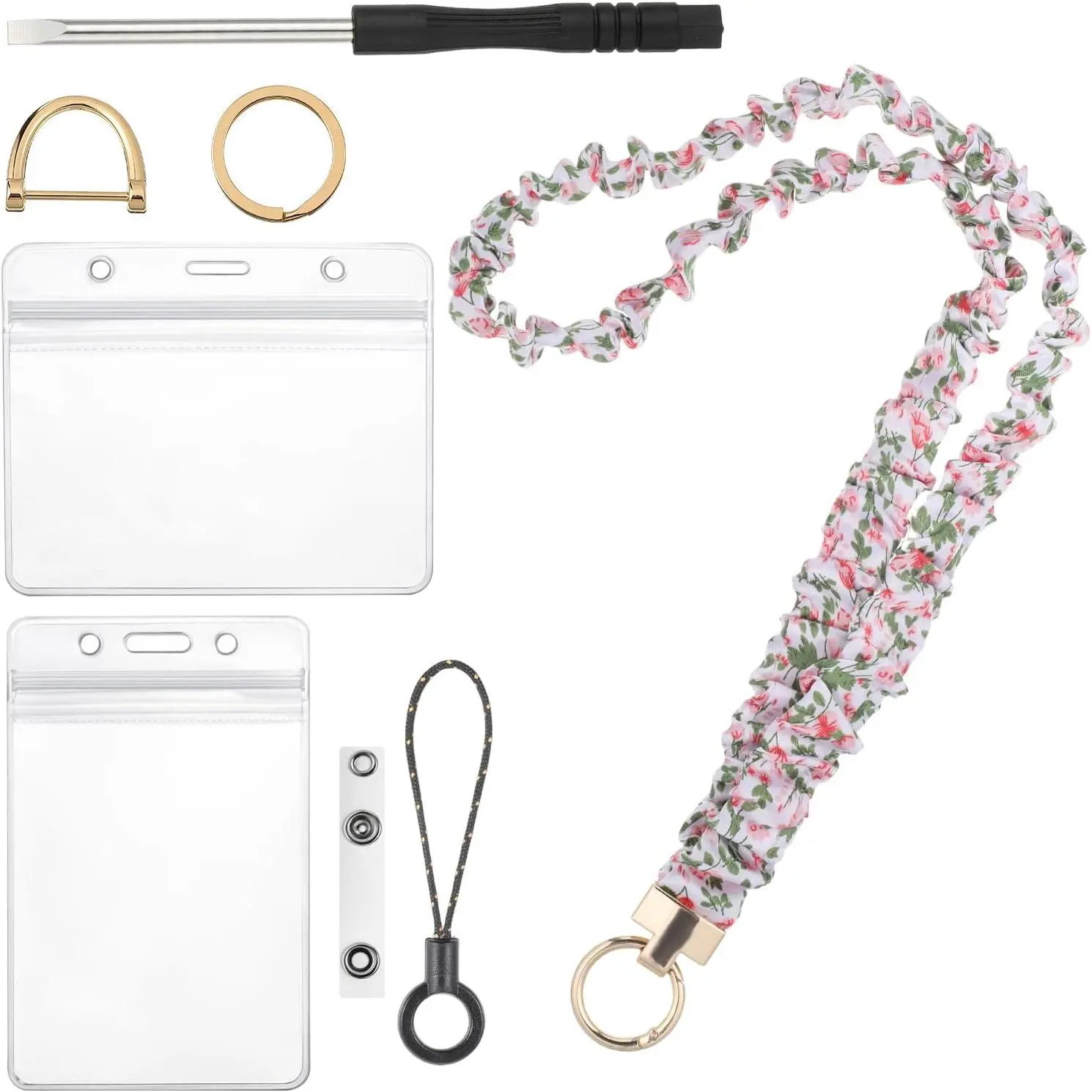 Floral Stretchy Scrunchie Lanyard for Women Teachers - Retractable Breakaway Wristlet with 2 ID Holders for ID Cards, Office Identification Badge Supplies