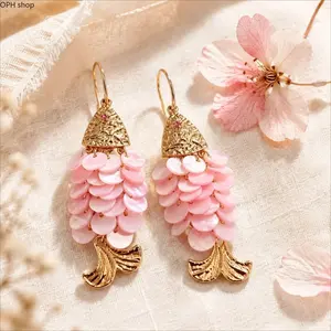 French Retro Pink Gold Scale Fish Earrings Light Luxury Exquisite Ear Jewelry For Women Daily Party Wear