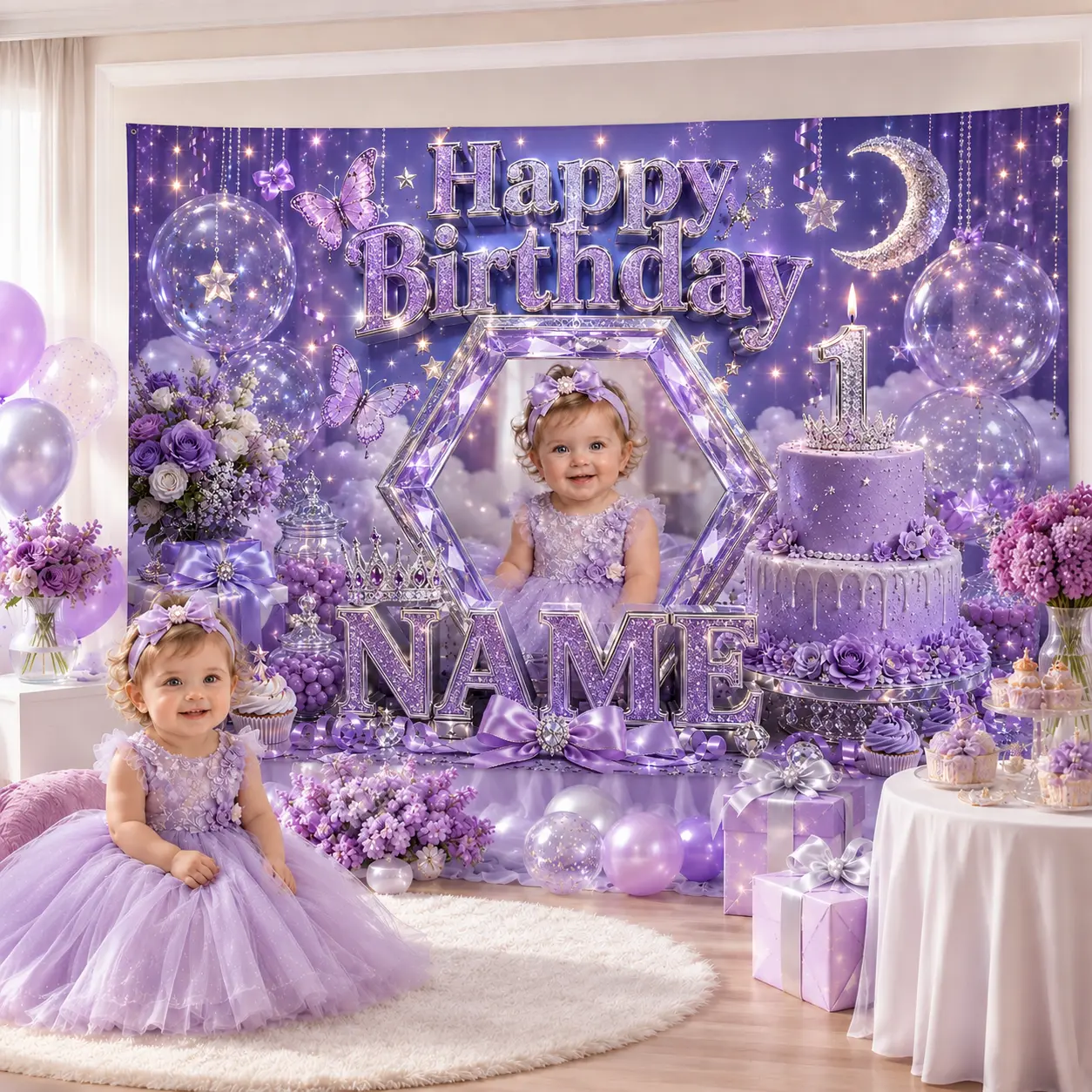 Personalized Girl's Lavender 1st Birthday Backdrop - Geometric Banners, Decor, Photo, Name, Butterflies, Moon, Stars, Balloons, Crown, Cake (Festive Party Supplies), Gift