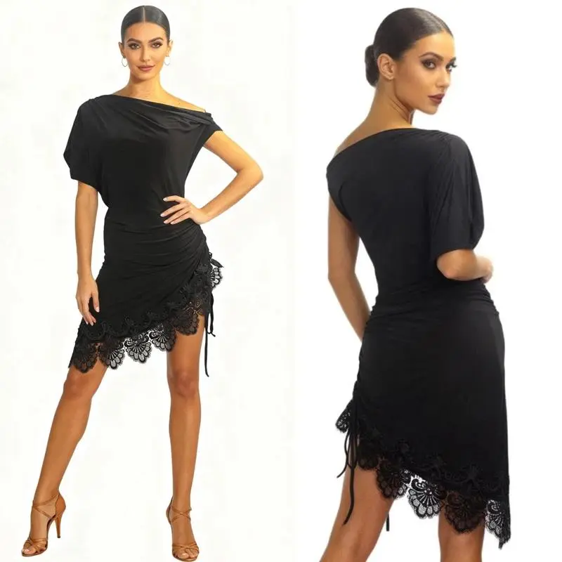 Black Adult Latin Dance Dress for Women Short Sleeve Sloping Shoulder Lace Skirt Rumba Cha Cha Competition Stage Ballroom Outfit