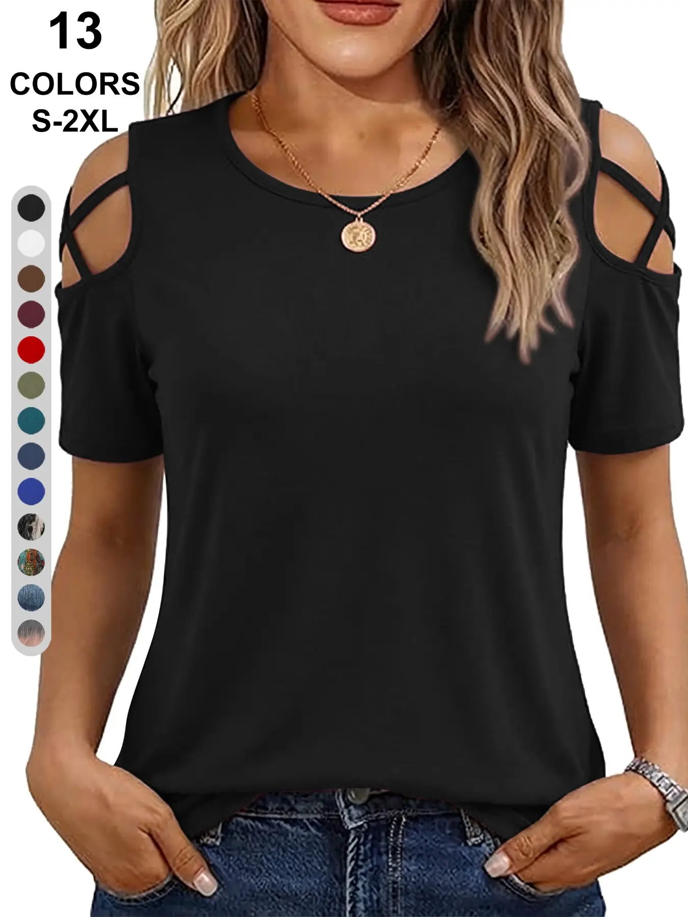 Women's Short Sleeve Off-Shoulder Tie Front T-Shirt Top, Basic Casual Sexy Fitted Plain Surface Design, No Zipper Collar Button, Batch Dx202