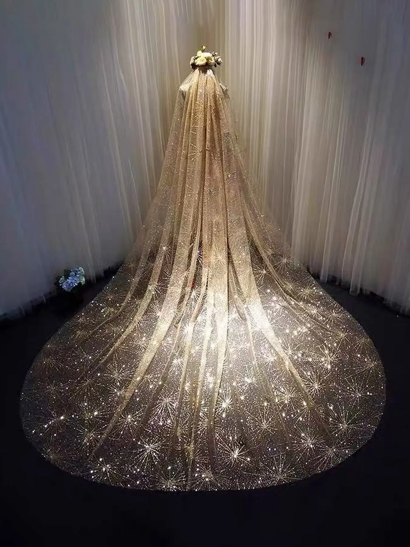 Gold and Sparkle Veil, Long Round Train Bride Headpiece, Floral Crown Attached, Luxury Castle Wedding Accessory