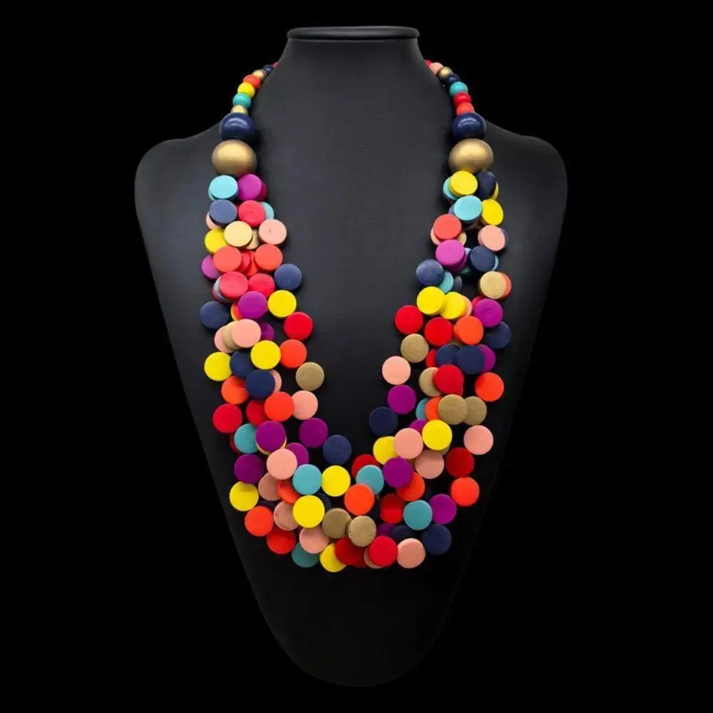 Unisex 62cm Beads Layered Bib Necklace - BeadBreath Multi-Color Rainbow Statement Jewelry, Bold Boho Chunky Accessory for Daily Outfits, Colorful Wooden Jewelry Sets, Beaded Necklace, Casual Trendy Jewelry, Colorful Bead Necklaces