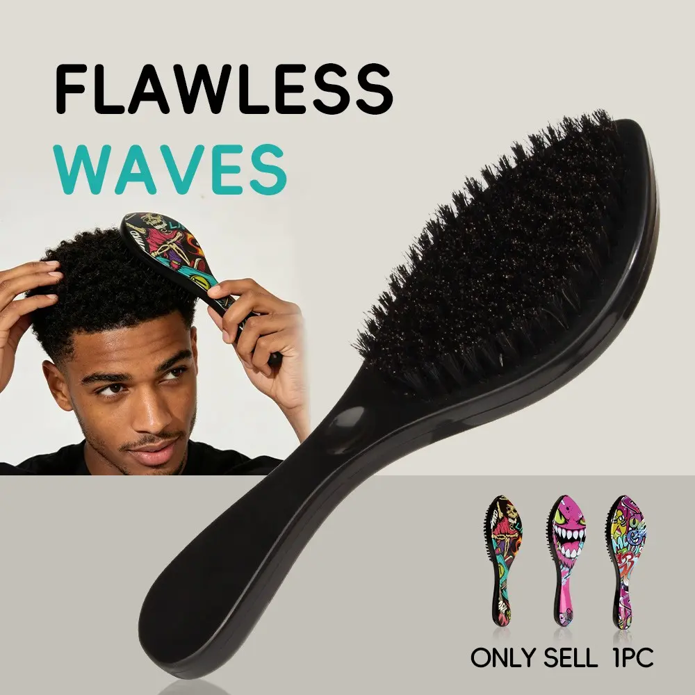 Graffiti Print Large Bent Boar Bristle Wave Brush, Arc Shape Scalp Fit, Man 360 Wave Hair Styling Comb, Men's Coarse Curly Hair Daily Care Brush, Hair Brush For Curly Hair