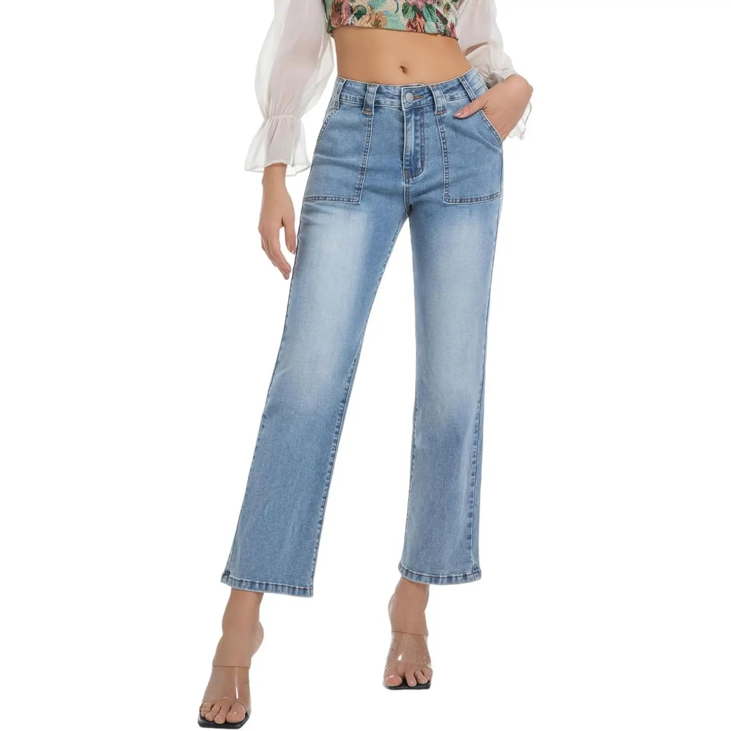 Women's High-Waisted Stretchy Straight-Leg Petite Ankle-Length Jeans, Pocket-Equipped Cropped Denim Pants