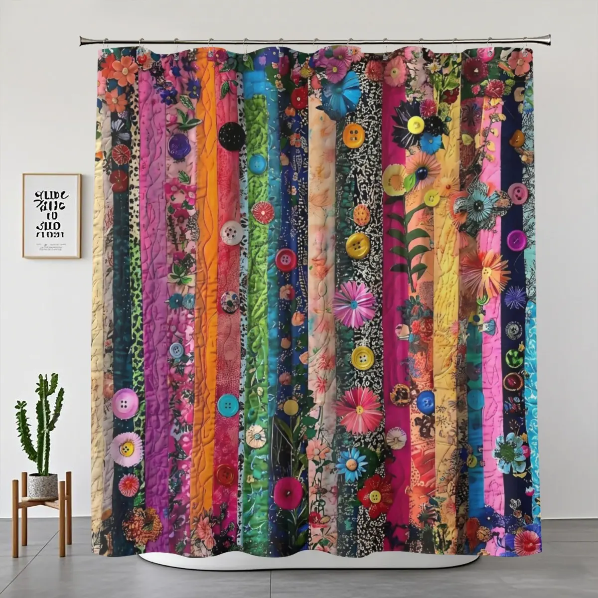 1/4-Piece Floral Stripe Colorful Patchwork Vintage Quilted Button Print Craftcore Boho Maximalist Eclectic Art Aesthetic Waterproof Quick-Dry Washable Fabric Shower Curtain Set, Bathroom Home Decor