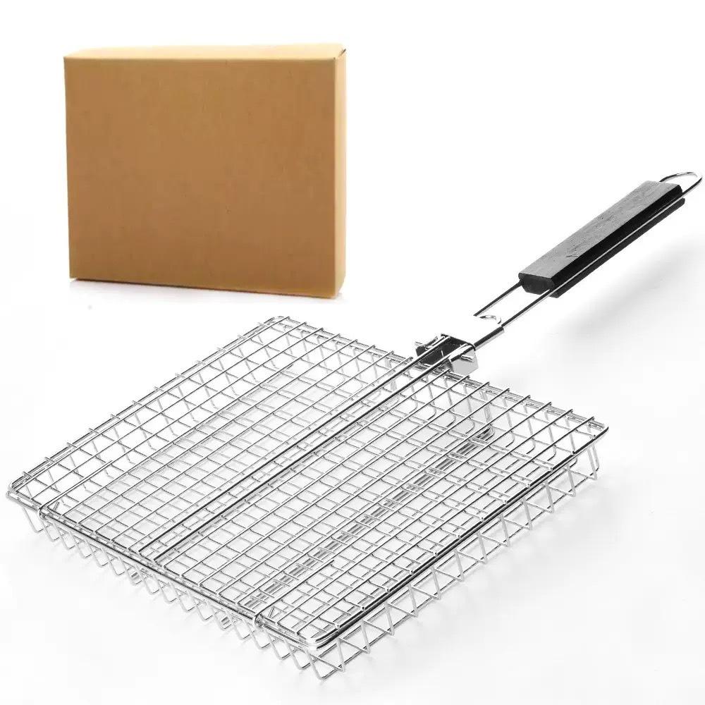BBQ Stainless Steel Folding Handle Grill Tongue, Outdoor Multi-Functional Grill Net, Fish Meat Vegetable Rack, BBQ Tools