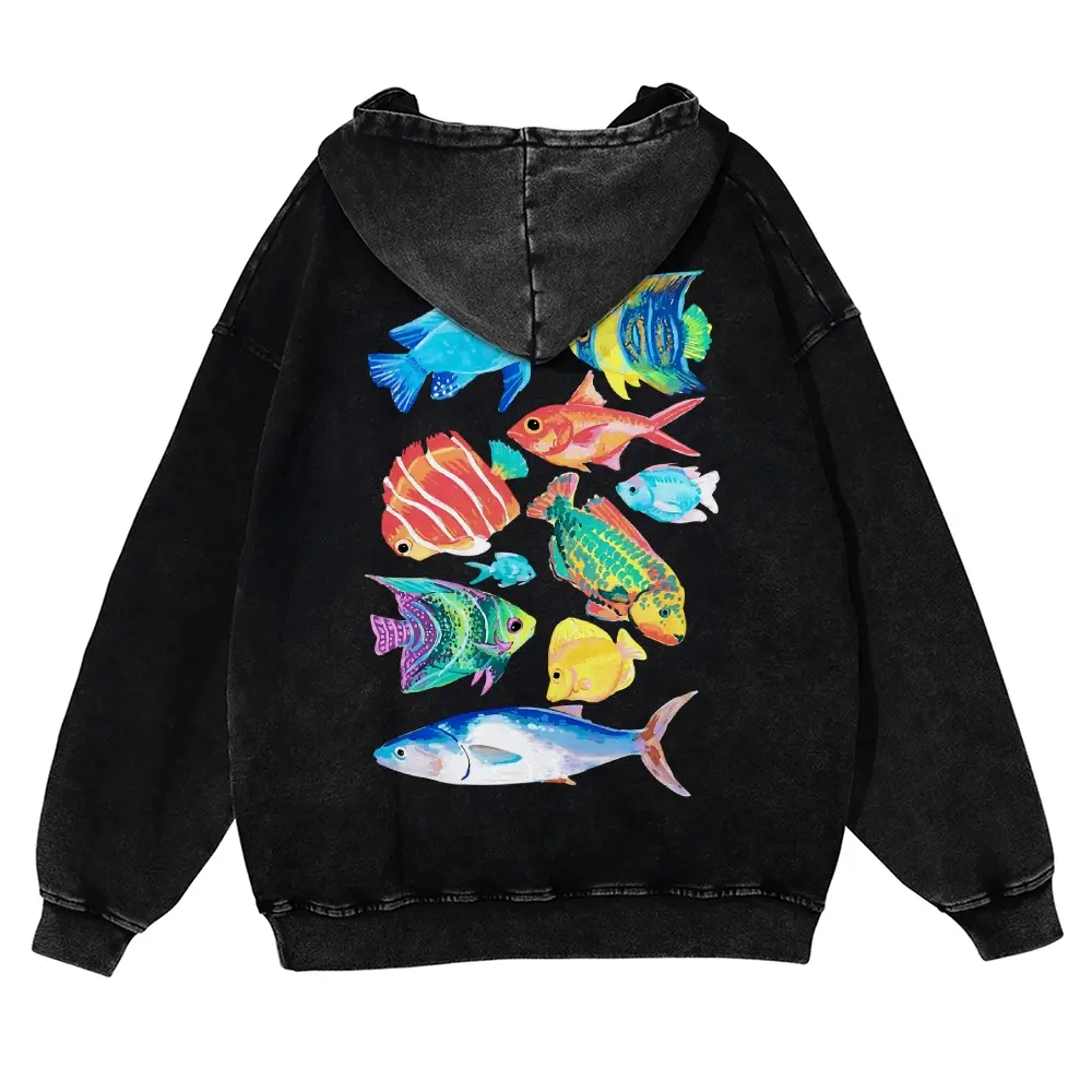 Vintage Tropical Fish Graphic Hoodie, Oversized Mineral Wash Olive Green Pullover Sweatshirt, Retro Ocean Reef Marine Life Hoodie for Men Women, Whimsical Coastal Y2K Streetwear Top