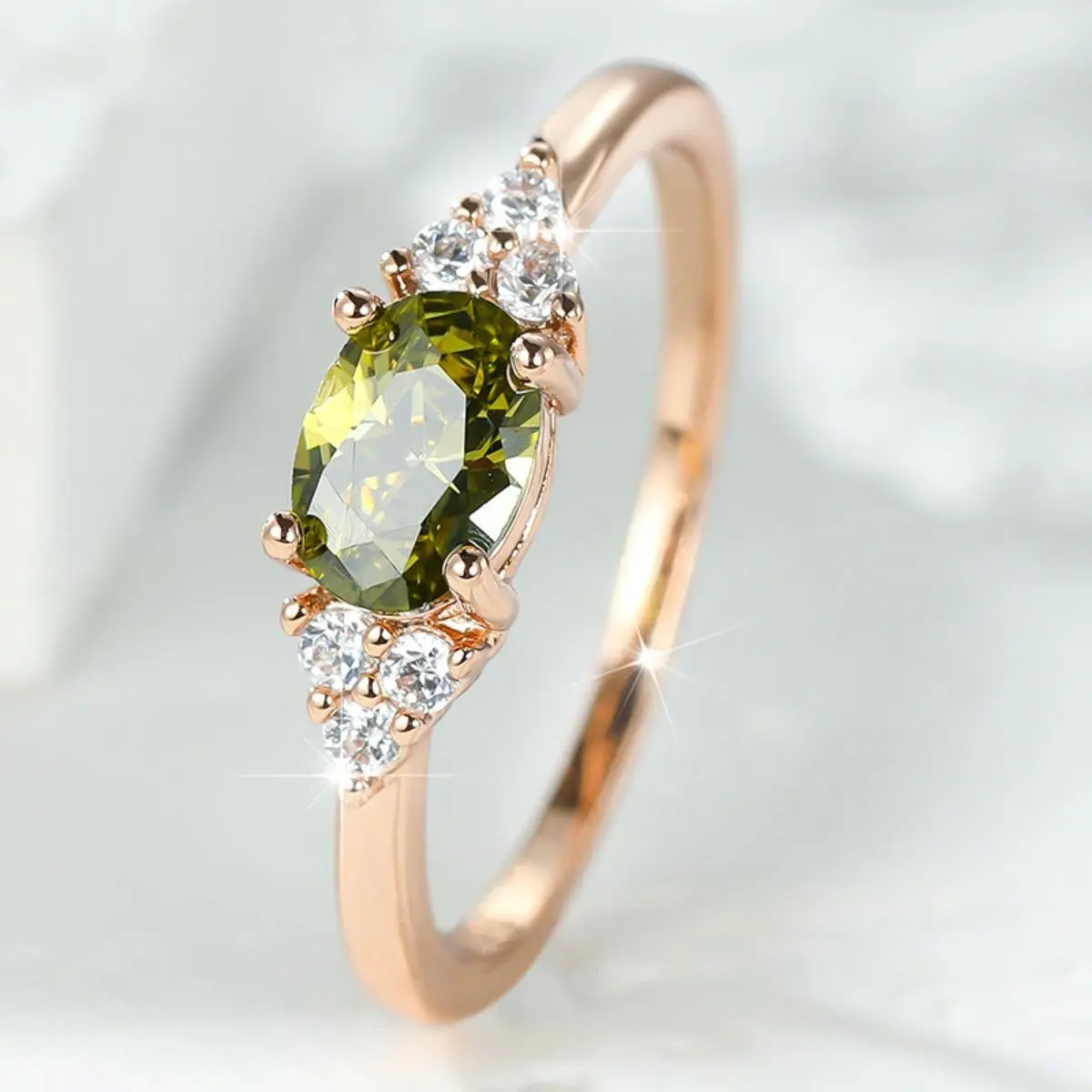 Women's Dainty Rose Gold Peridot Birthstone Ring - 4-Prong Cubic Zirconia Setting, Micro Pave Detail, Minimalist Stackable Design, Sizes 6-10, Elegant Costume Jewelry, Engagement Ring, Meaningful Gifts, Engagement Gift Ideas, Peridot Engagement Ring