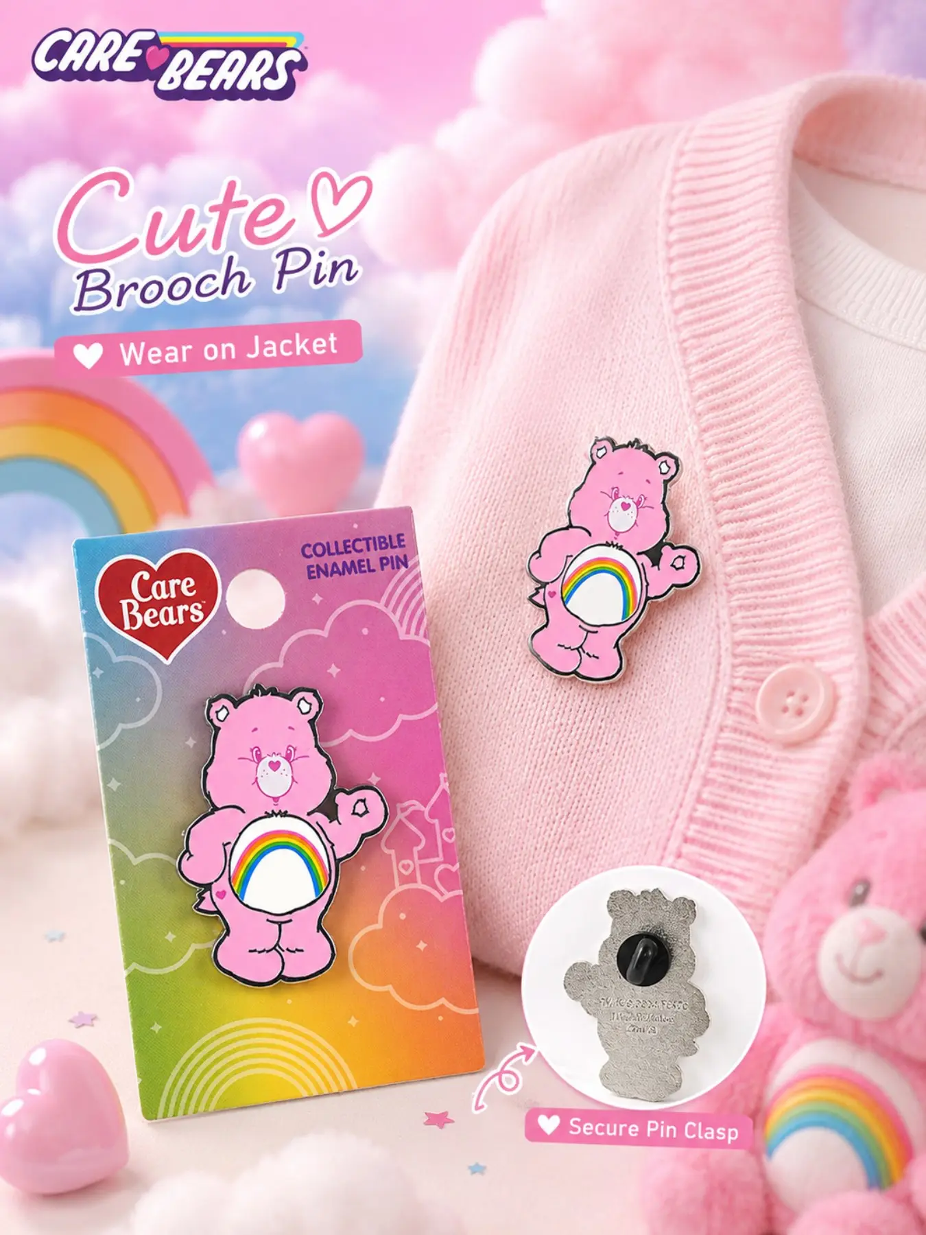 Care Bears Official Rainbow Cheer Bear Enamel Brooch Pin, Cute Cartoon Anime Lapel Badge, Back to School Backpack Decor, Aesthetic Gift