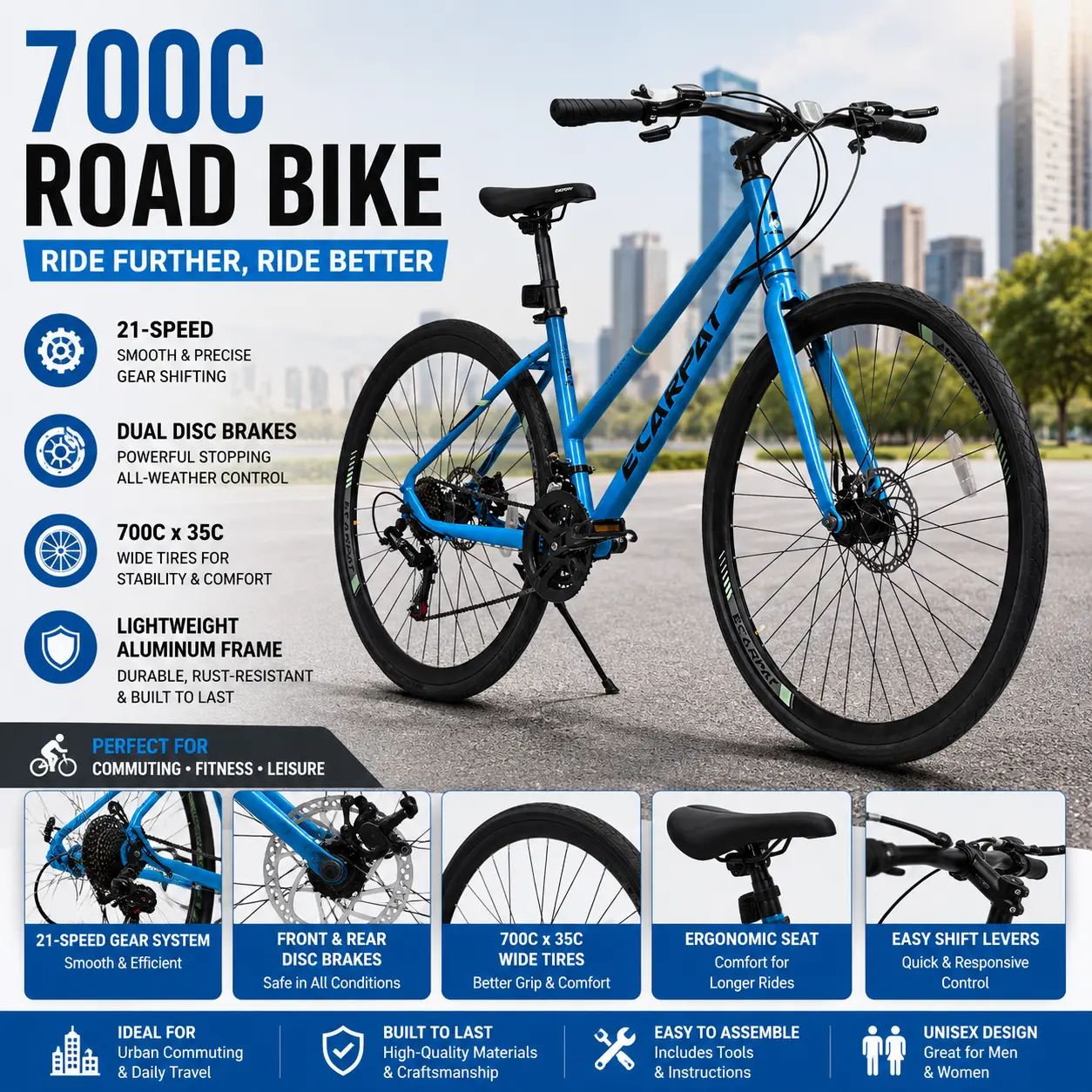700C Road Bike Aluminum Alloy Disc Brakes 21 Speed Commuter Bicycle 35mm Tires Lightweight Hybrid Bike for College Students Men Women Adult Urban Transportation Daily Fitness Outdoor Cycling Travel Performance Durable Frame