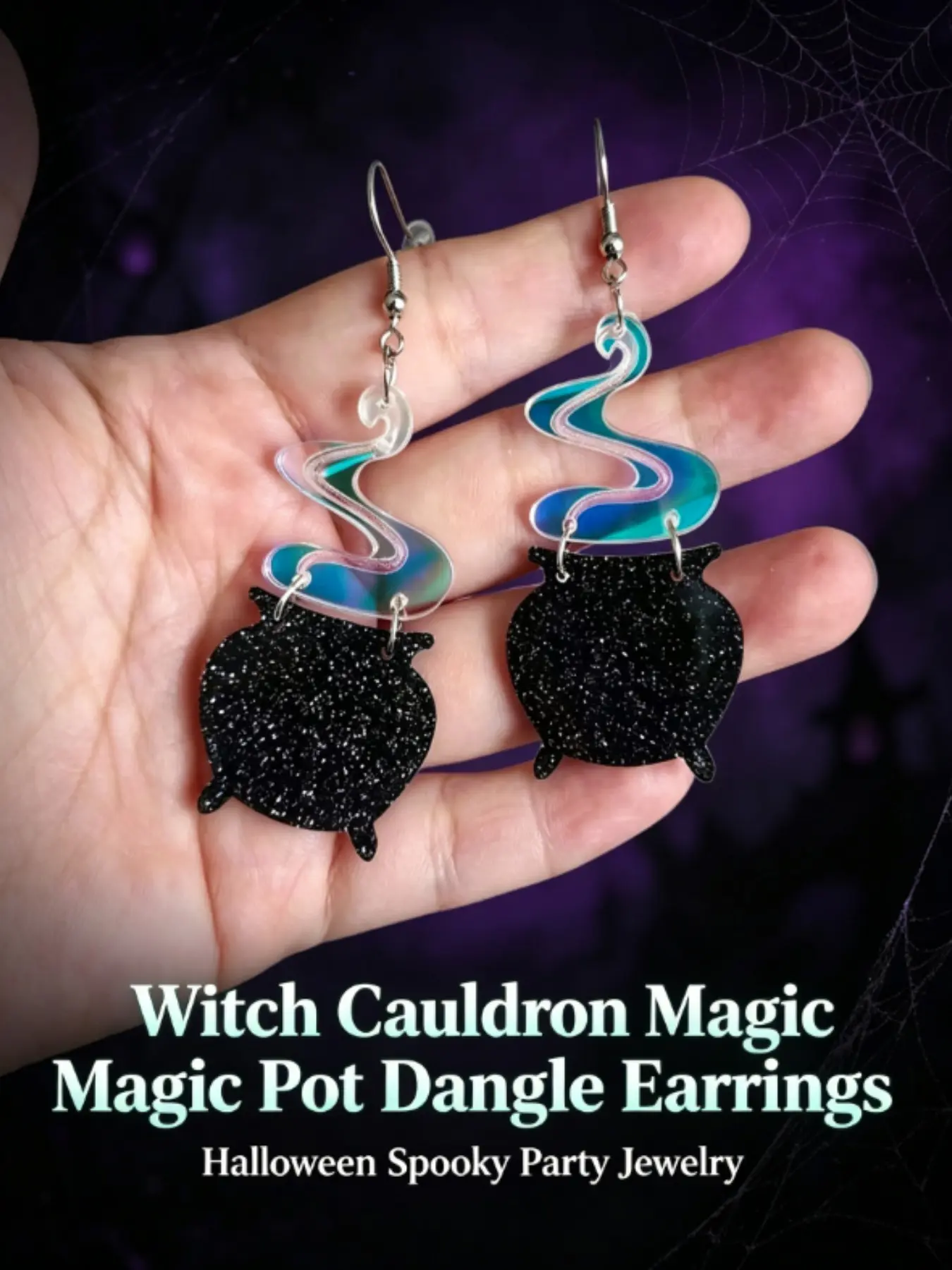 Halloween Glitter Magic Cauldron Earrings, Colorful Smoke Acrylic Witch Large Pot, Unique Long Drop Earrings for Women