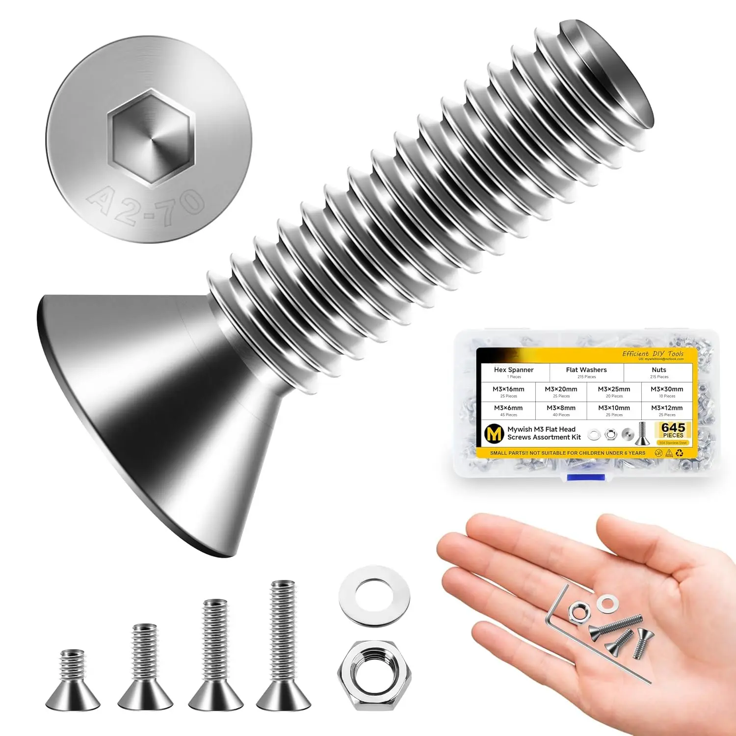 645 count Metric M3 Screws  Kit, Flat  Countersunk Socket Cap  Screws Nuts and , Allen Hex Drive Stainless Steel Screws