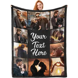 Custom Couple Throw Blanket, 1 Piece Soft Warm Flannel 10 Picture Blanket, Street Sunset Center Script Design, Lightweight Portable Travel Blanket for Car Couch, Personalized Anniversary Gift, Keepsake Decor # blankets