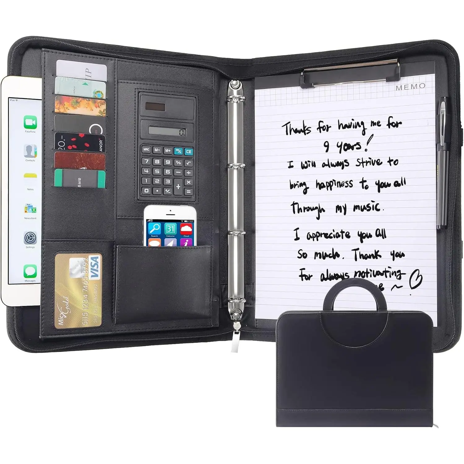 Zipped Portfolio Binders for Men and Women - Leather Padfolio Business Planner Notebook Organizer with Zipper and Calculator- Holder for Tablet, Documents, Cards, Notebook, Notepad