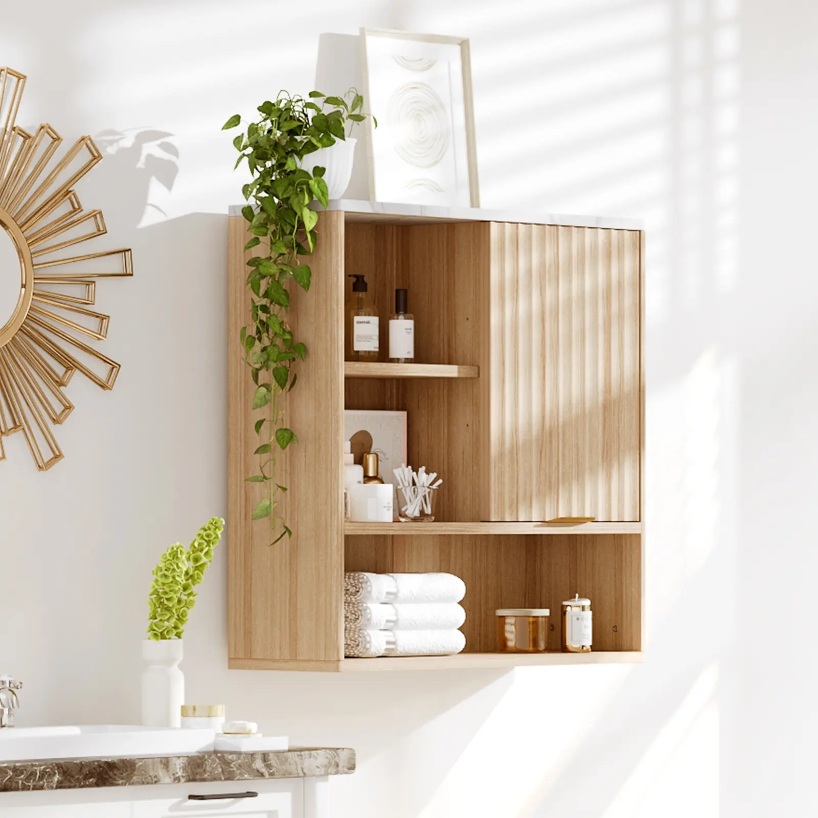 Fluted Medicine Cabinet Sliding Door Wood, Modern Wall-Mounted Medicine Cabinet with Sliding Door, Open