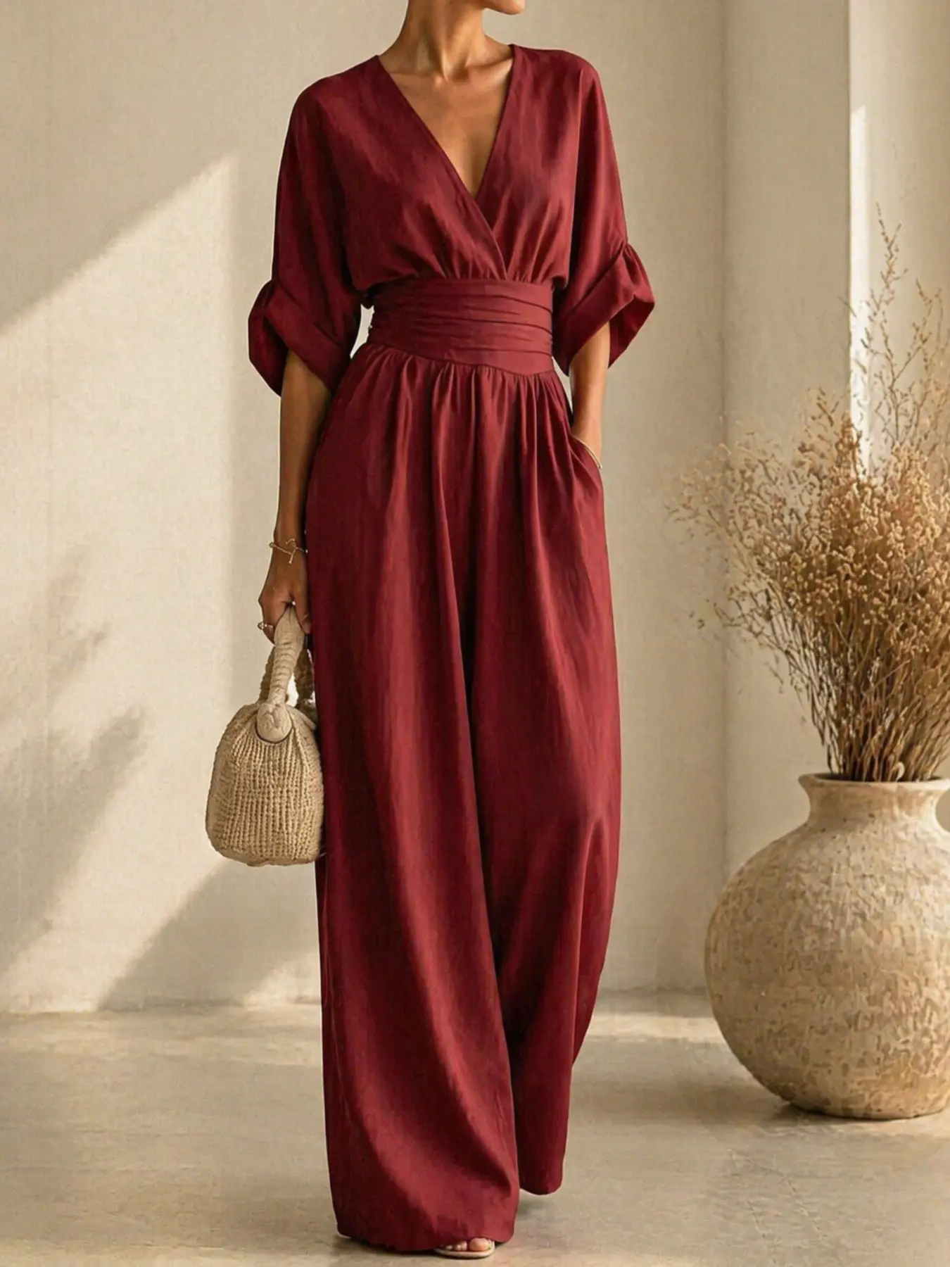 New Women's Solid V-Neck Waist-Cropped Wide-Leg Jumpsuit, High Waist Rolled Hem Mid-Arm Sleeve Side Zipper Breathable Elegant Commute Date Casual All-Match Jumpsuit