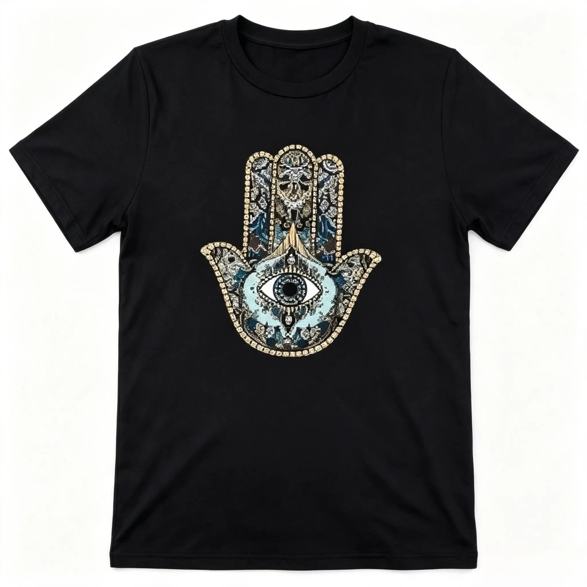Hamsa Hand Evil Eye Vintage Ornament Graphic Cotton T-Shirt, Oversized Comfort Fashion Outfit, Spiritual Protection Casual Top, Perfect Holiday & Valentine’s Day Gift for Lovers, Family, Friends for Him Her