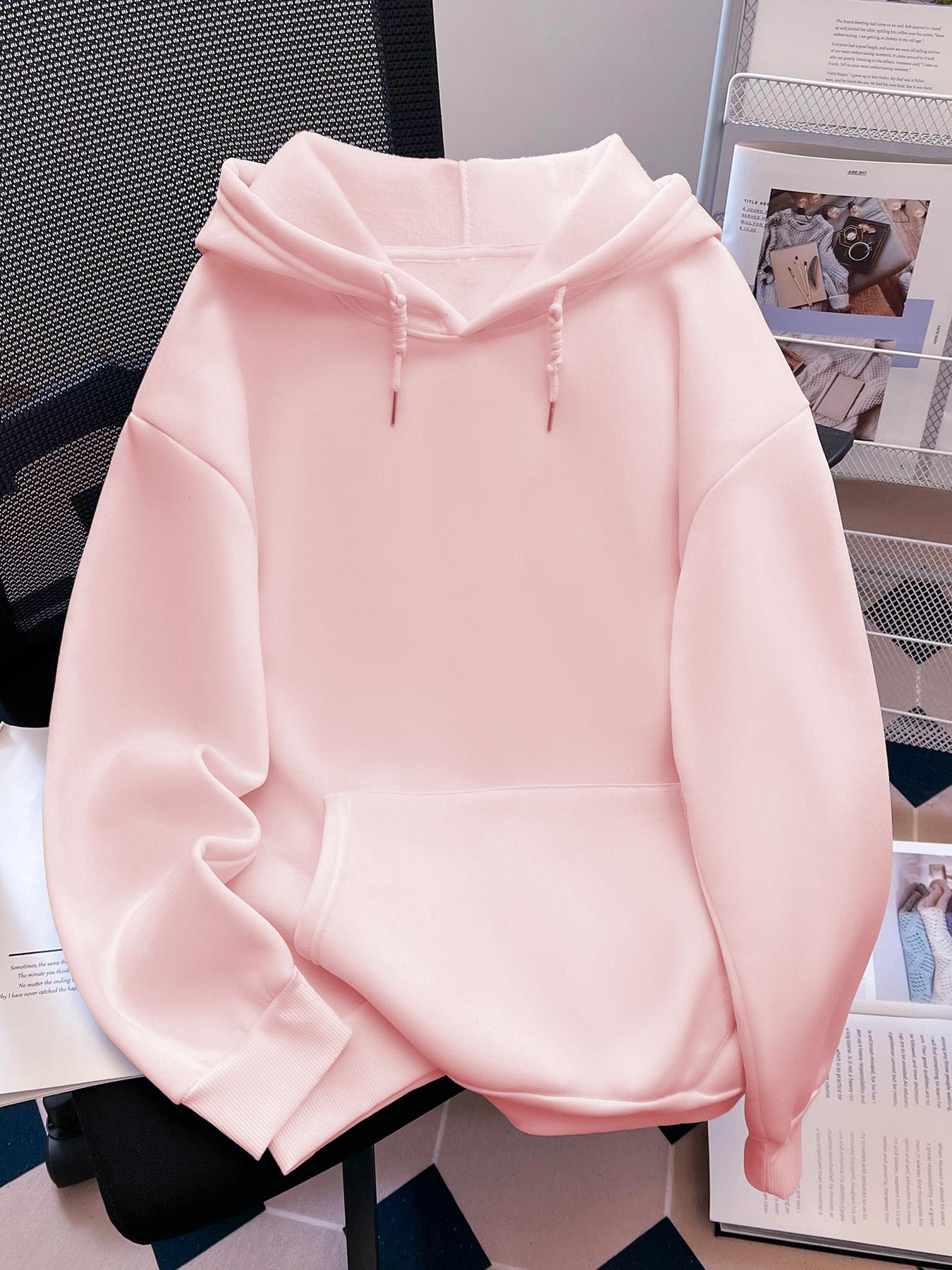 Women's Solid Color Drawstring Pocket Hoodie, Casual Minimalist Loose Basic Knit Long Sleeve Hooded Sweatshirt for Fall & Winter, Women's Clothes for Daily Wear, Womenswear