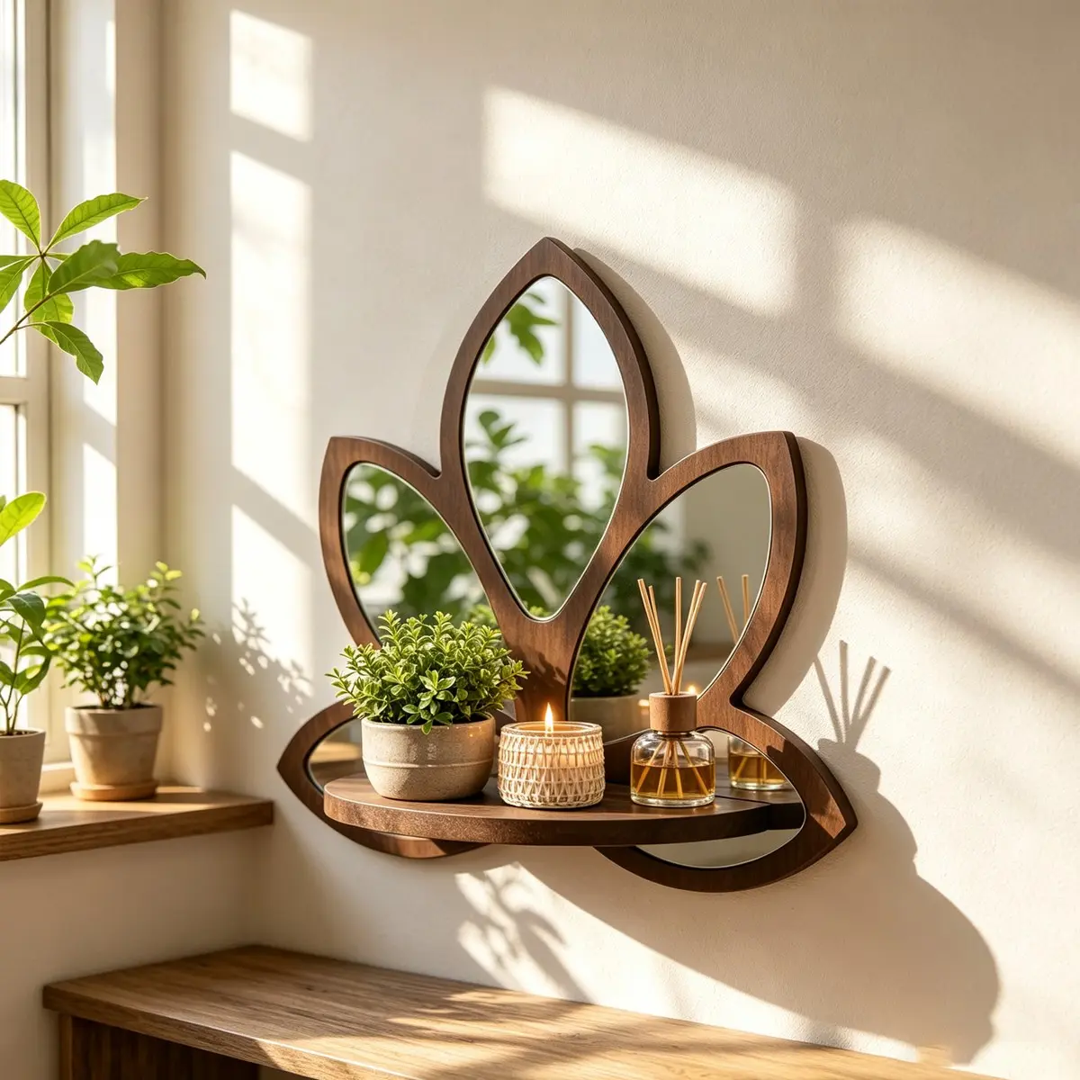 Vintage Deep Lotus Mirror Wall Mount Shelf, Creative Petal Mirror Wall Rack, Aromatherapy Candle Planter Display Board, Living Room Entrance Art Decor Hanging Bracket
