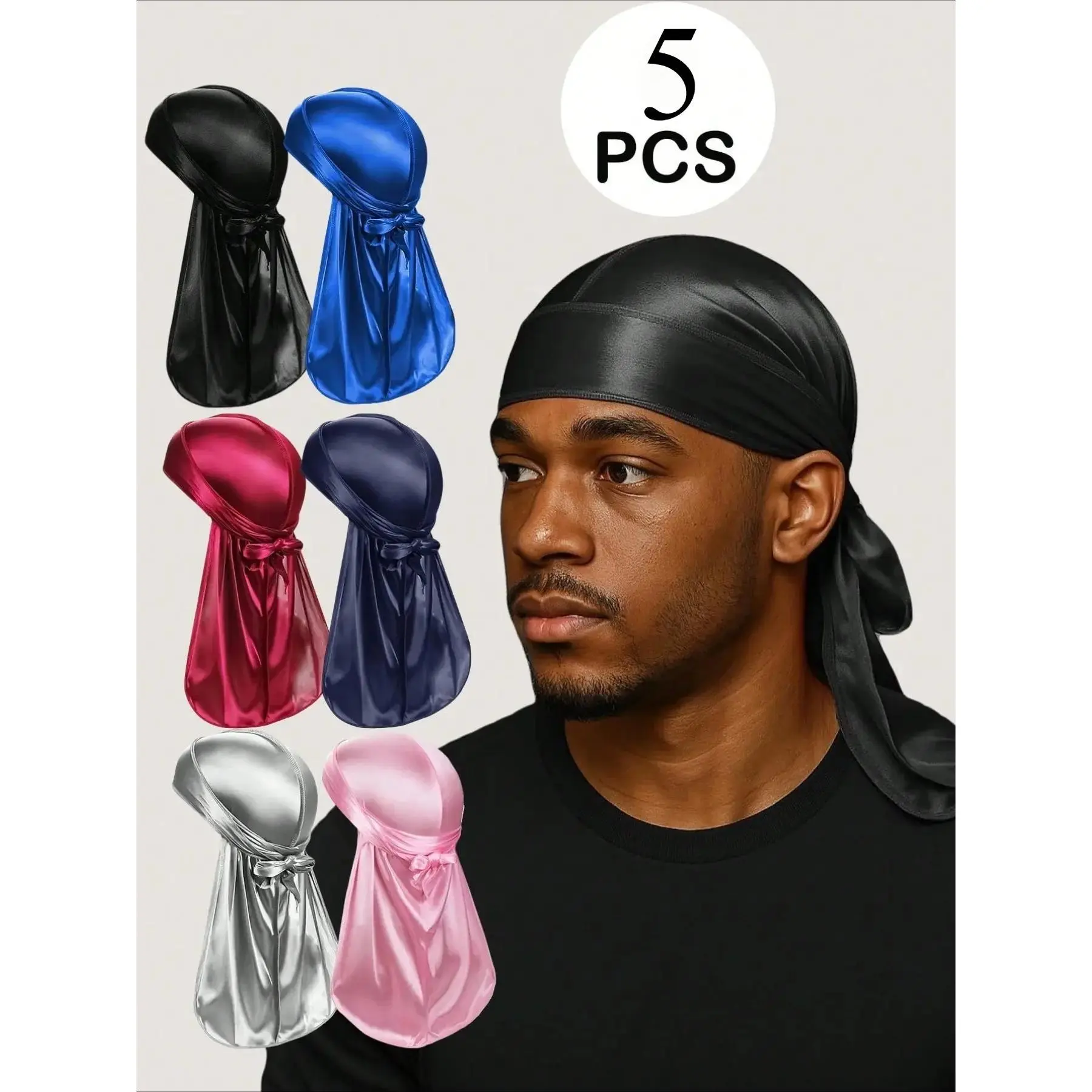 5-Pack Plain Silky Satin Unisex Durags with Extra Long Tails and Elastic Band for 360 Waves and Everyday Wear, 5 Pcs, Headwear, Non-Female-Exclusive, Daily Wear, Scarf Style, One Size Fits