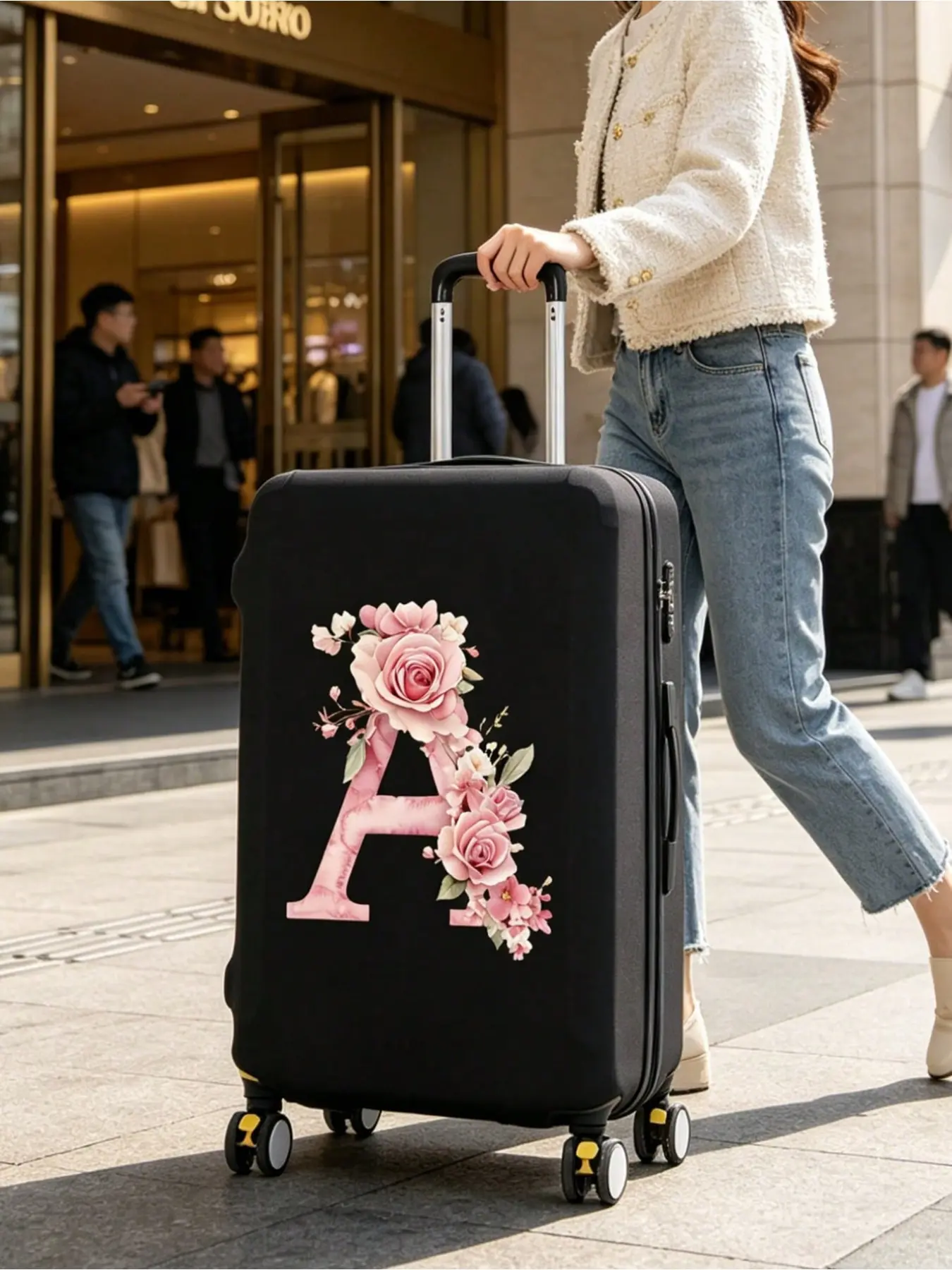 Pink rose letter A-Z luggage cover. Pink flower letter A-Z luggage cover. Durable universal suitcase cover suitable for travel cases. Dustproof and scratch-resistant suitcase cover with elastic edges. Travel Accessory Protective Cover Luggage Accessories