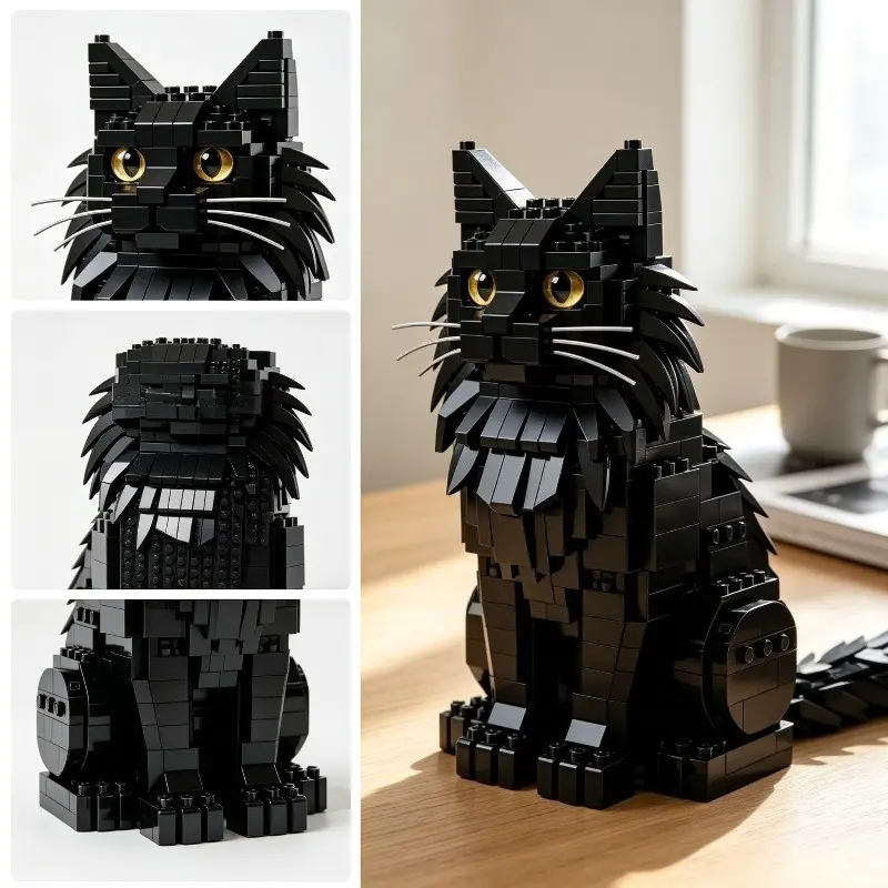 1112pcs Solid Black Long Hair Cat Building Blocks Animals, Display Collection, Creative Building Blocks, Collector Building Blocks, Desktop Figurines, Birthday Holiday Gift for Adults 14+, Back to School Detailed Pet Ornament, Building Block Figures