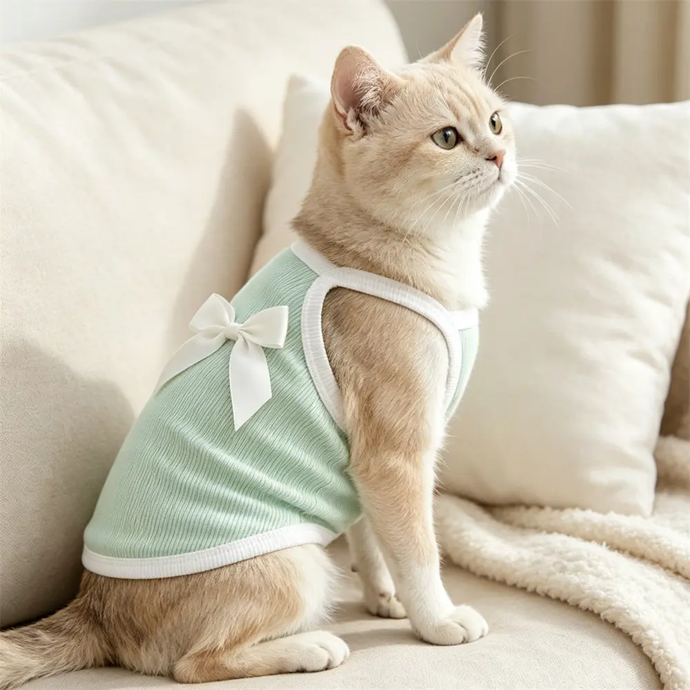 1PC satin large bow pet tank top summer breathable sleeveless cat and dog clothes English short milk cat teddy bear small dog home and outdoor lightweight anti shedding clothing in multiple sizes
