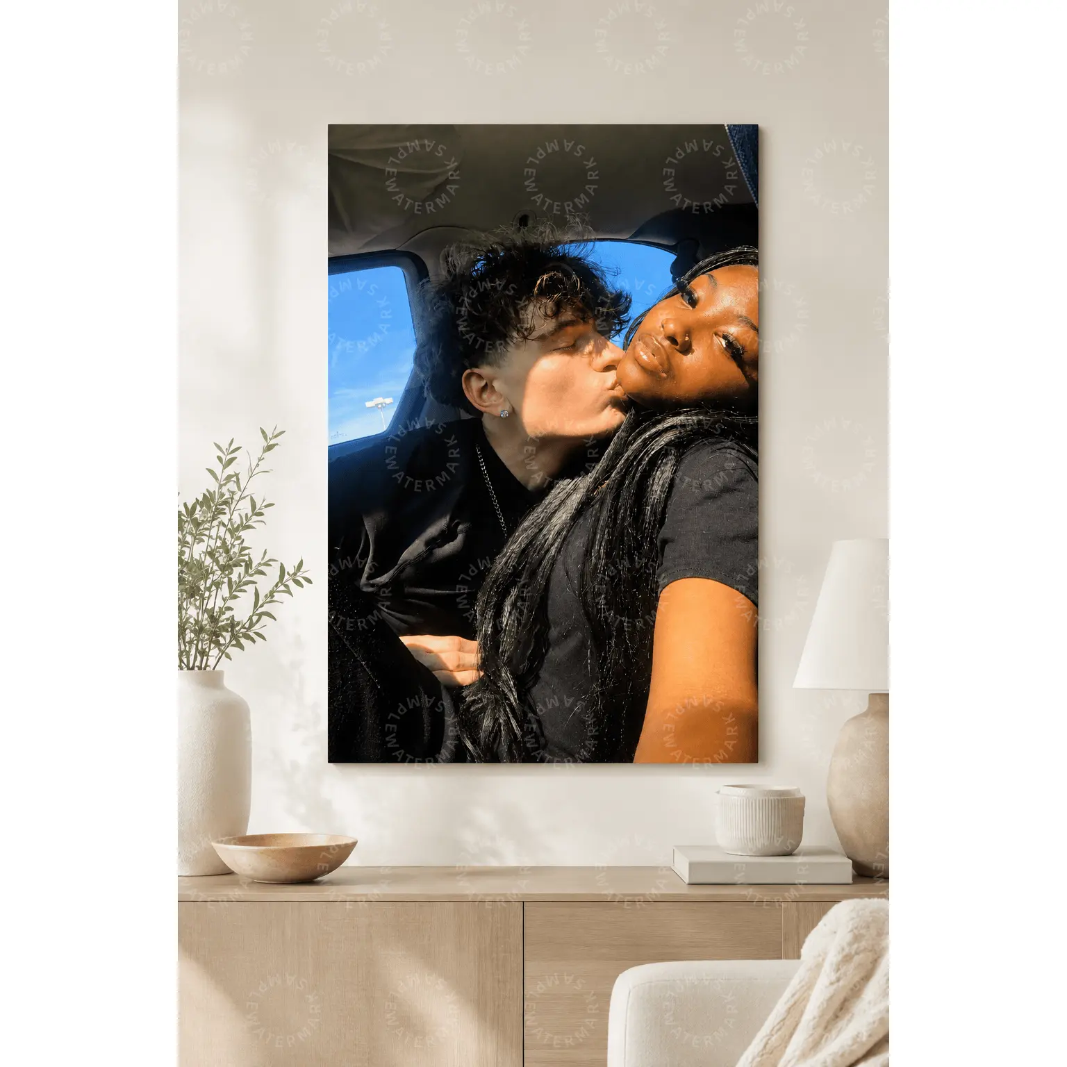 Romantic Couple Canvas Poster, Warm Car Selfie Wall Art, Black Love Portrait Aesthetic Poster for Bedroom, Living Room, Couple Room Decor, Anniversary Gift, Modern Photo Wall Art