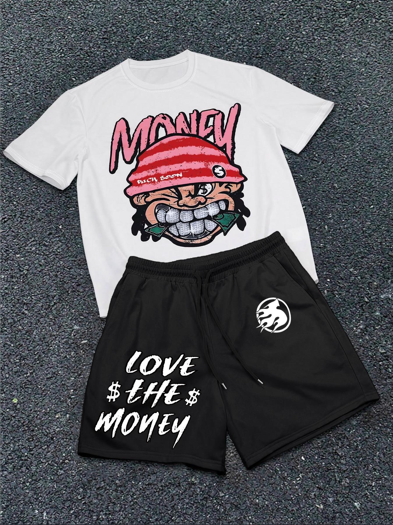 Two-Piece Set Men's Cartoon Face Print Short Sleeve Tee & Boxer Briefs Set, Regular Fit Casual Round Neck T-shirt & Shorts, Men's Summer Clothes, Casual Outfit Set, Casual Fashion Set, Casual Streetwear Set