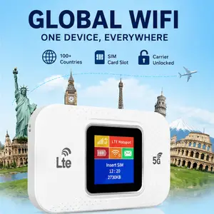 Portable 5G LTE Mobile WiFi Hotspot Built in 3000mAh Battery Dual SIM Slot 2.4G 5G Dual Band Color LCD Screen Global Travel Router Support 180 Countries Connect 100 Devices Private Encrypted WiFi For Business Trip Camping Overseas Student Hotel Use
