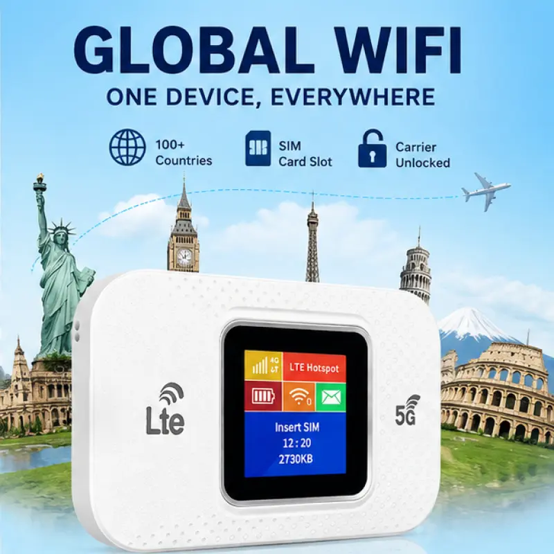 Portable 4G LTE Mobile WiFi Hotspot Built in 3000mAh Battery Dual SIM Slot 2.4G 5G Dual Band Color LCD Screen Global Travel Router Support 180 Countries Connect 100 Devices Private Encrypted WiFi For Business Trip Camping Overseas Student Hotel Use