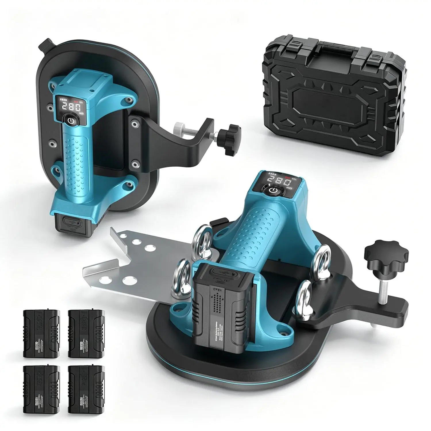 Battery-Powered 4-in-1 Electric Vacuum Lifter, 10-in Glass-Safe Suction Cup, 280KG/617LBS Max Load, Dual Motors, Safety & Quick Release, 4 Attachments, 4x3000mAh Batteries, Digital Display for Tiling, Drilling