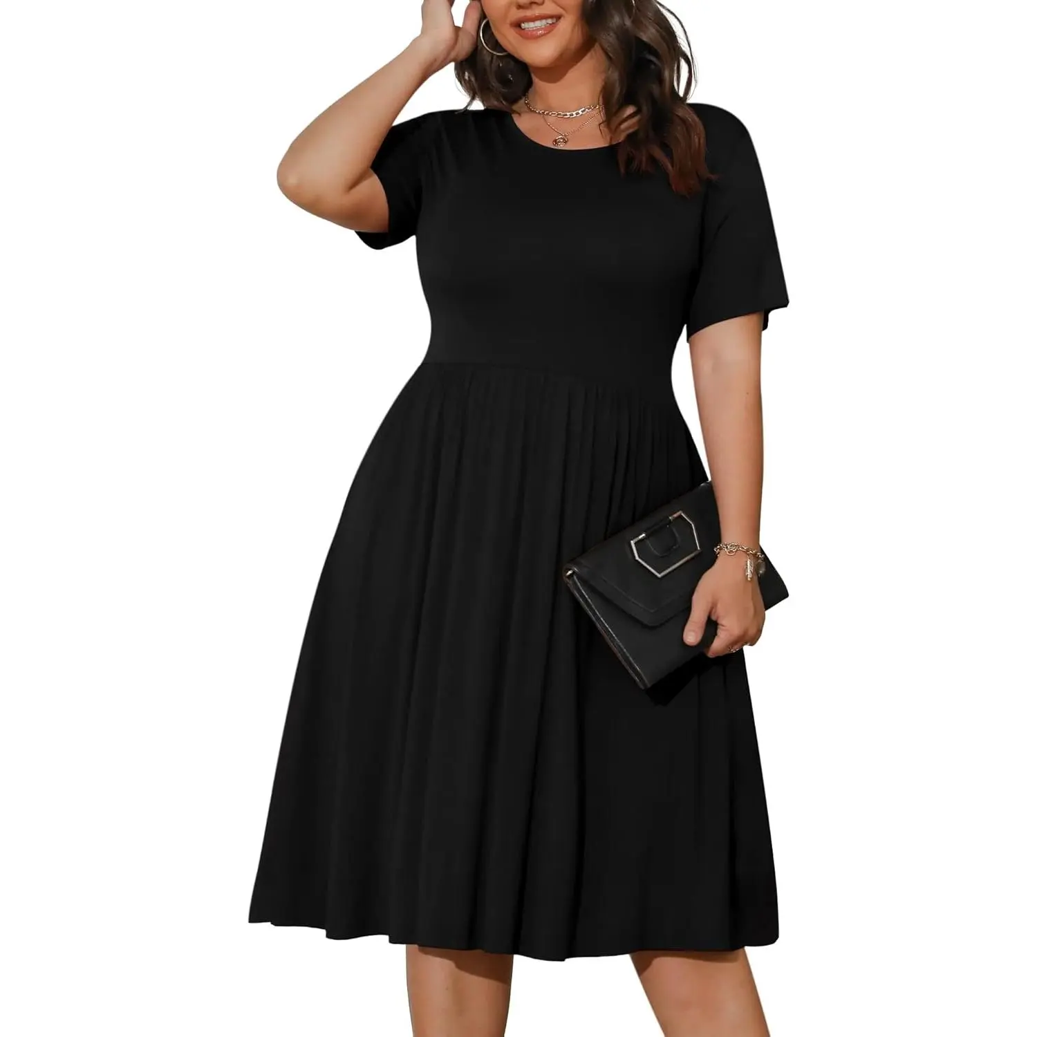 Women's Large Plus Size Casual Solid Short-Sleeve Empire Waist Swing T-Shirt Dress - Loose Fit Pull-On with Pockets