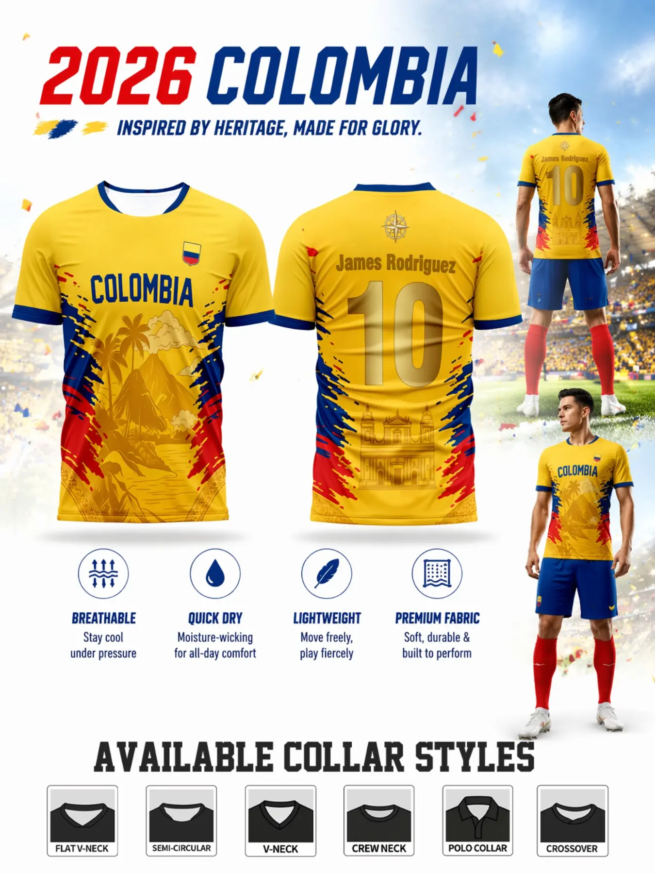 2026 Colombia Men's Football Jersey, Bright, Blue Lapel, Gradient Trim, Palm Tree Pattern, Quick-Dry Polyester, Sporty Style, Lightweight Football Jersey