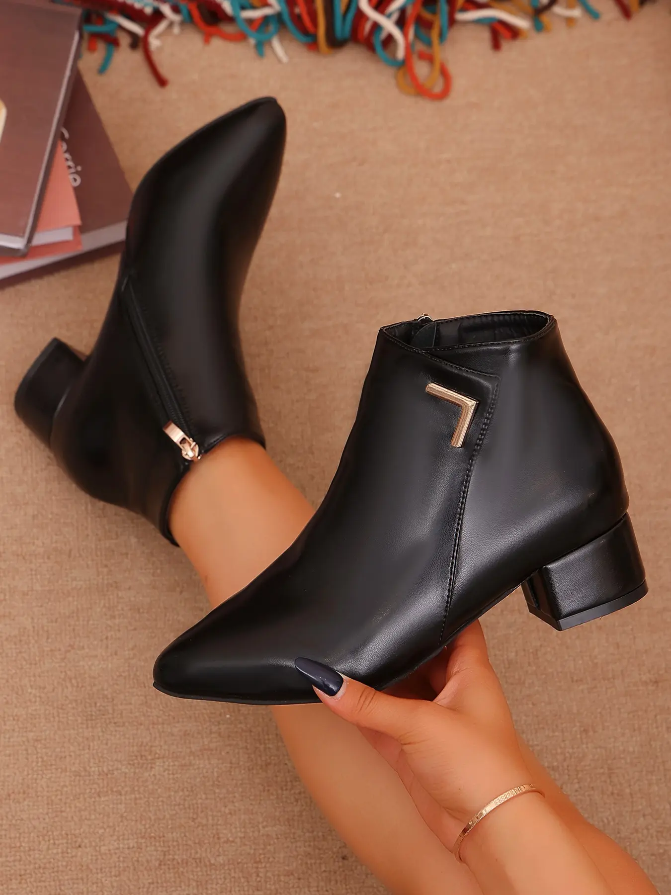 Women's Fall Winter Classic Pointed Toe Heeled Boots, Soft PU Leather, Side Zip, Metal Accents, Comfortable, Versatile, Slimming, Boots with Zipper