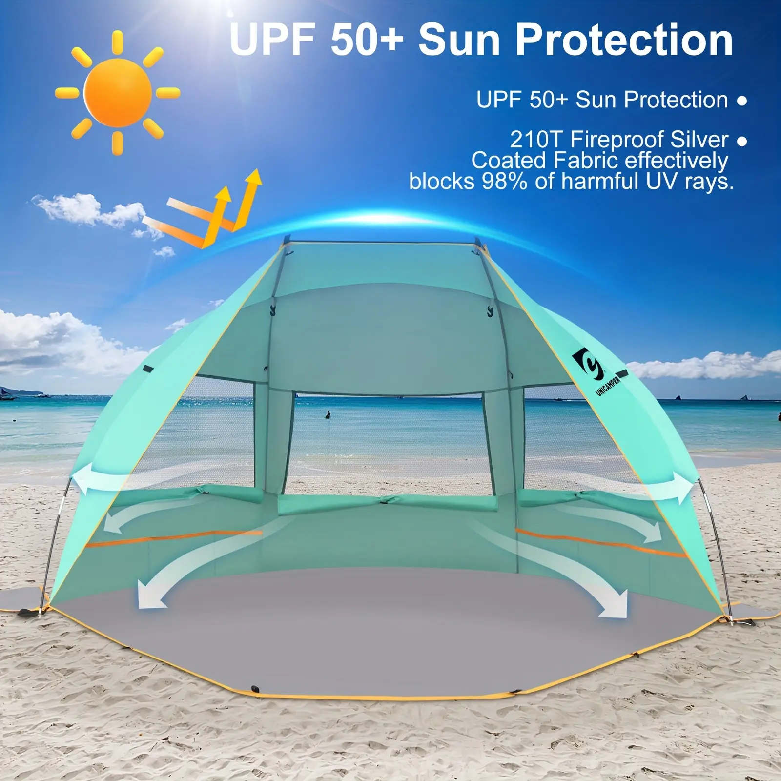UNICAMPER Beach Tent 3 Person Sun Shelter UPF 50+ with Extended Waterproof Pe Floor & 3 Mesh Roll Up Windows Fits, Portable Beach Shade Easy Setup for Outdoor Camping, Indoor, Fishing, Yard.(Green)