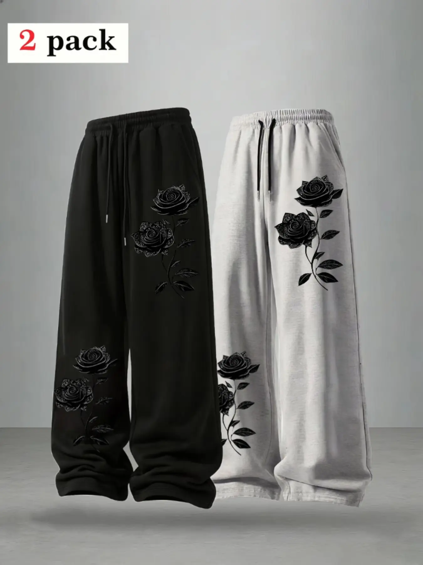 Men's Loose Rose Print Drawstring Sports Pants, Adjustable Waist, Outdoor Versatile Long Pants, Straight Leg Casual Pants