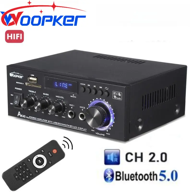 WOOPKER AK45 Pro Bluetooth 5.0 Digital Wireless HiFi 2.0 Channel Power Amplifier, with USB, SD Card, RCA, Dual MIC Inputs, Remote Control, for Home Theater, Karaoke Audio Stereo