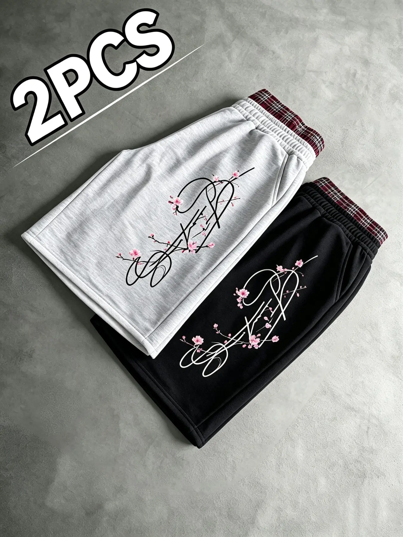 Men's Shorts 2-Pack, Casual Shorts, Casual Sweatshorts, Retro Fake Two-Piece Plaid Waistband, Wide Leg Drawstring Trousers, Street Style Men's Loose Sweat Shorts, Y2K Grunge Aesthetic, Weekend Hangouts