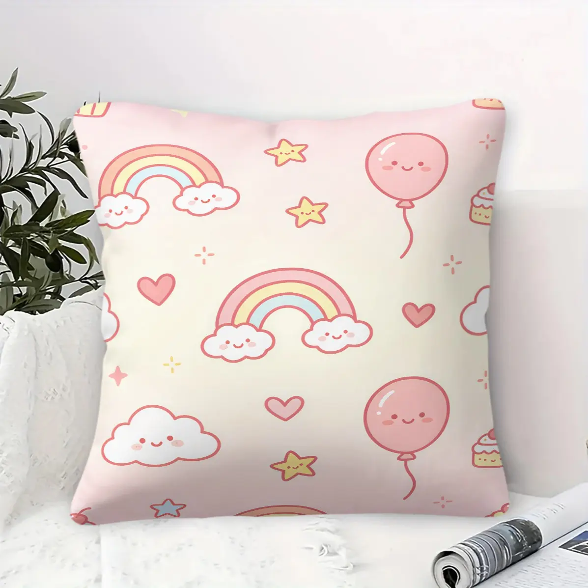 Cute Smiley Cloud Pillow, multi rainbow moon star cartoon prints, fluffy removable cover, fresh decor cushion for living room & bedroom (with insert)