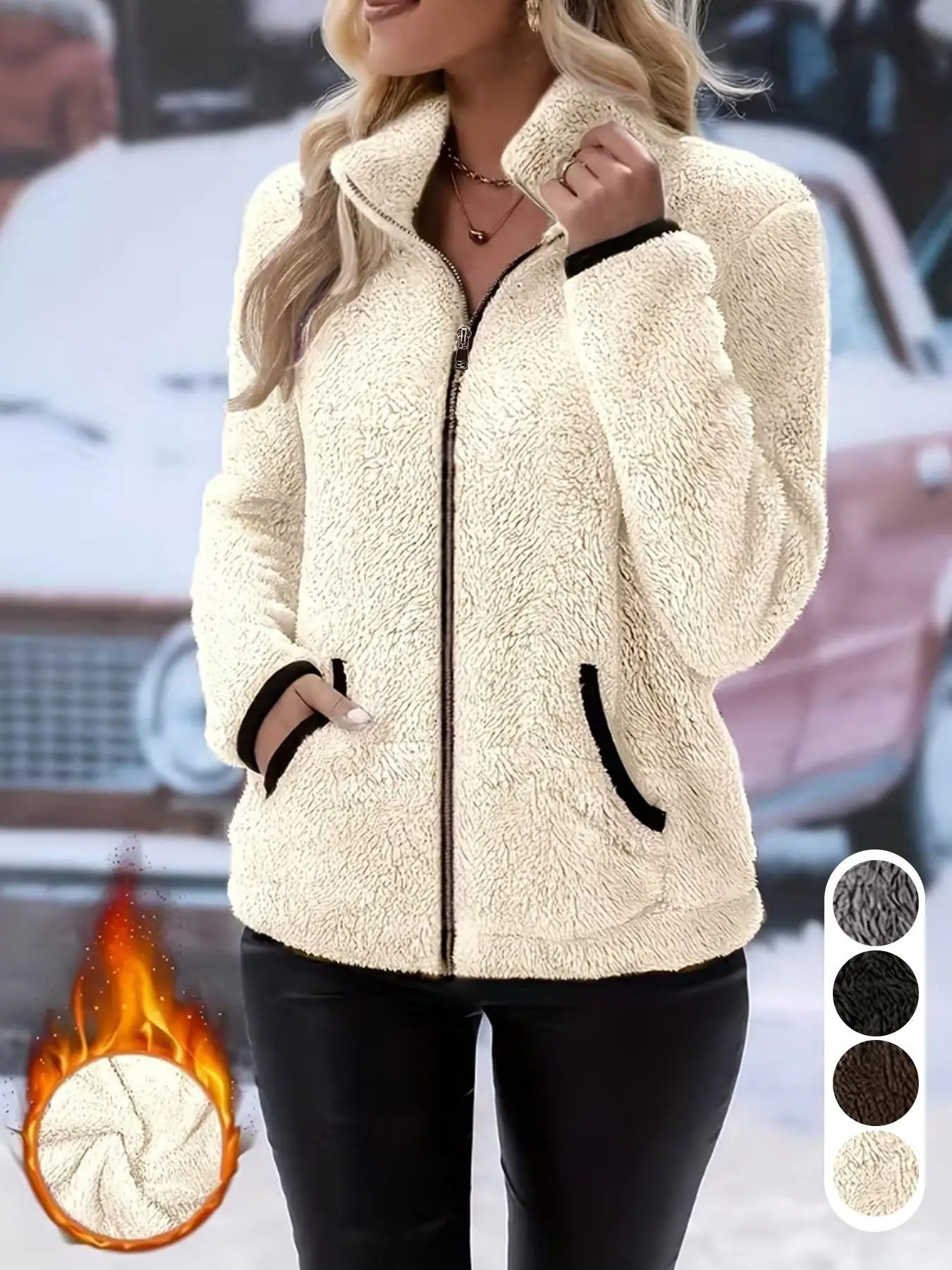 Women's Thick Warm Teddy Fleece Zipper Jacket, High Neck Colorblock Sleeve Pockets, Versatile Fall Winter Outdoor Daily Wear