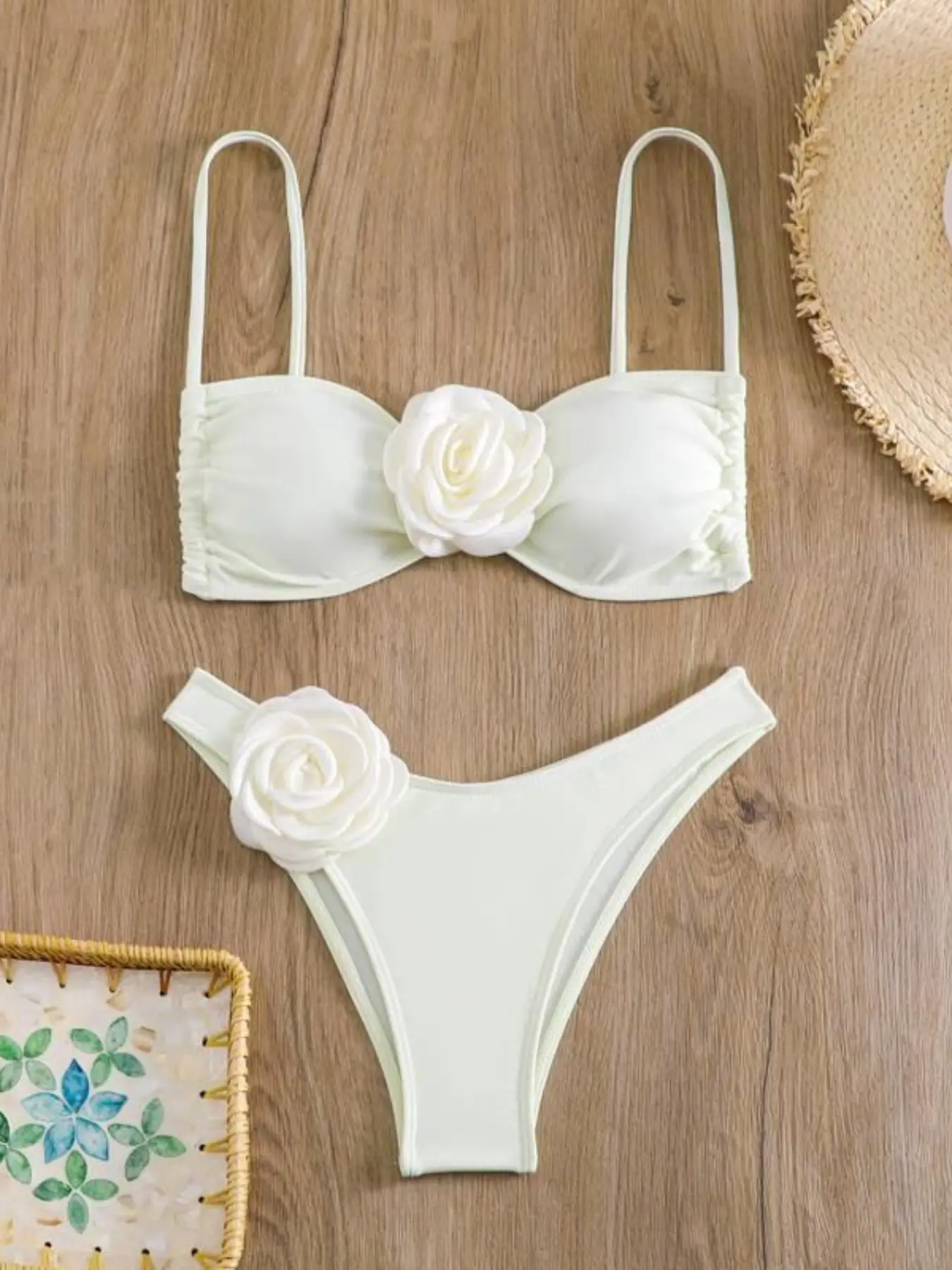 2 Piece Set Women's Camellia Decor Drawstring Tie Back Swim Bra & High Cut Swim Panty Bikini Set, Tie Back Bikinis, Tummy Control Swimwear for Beach Holiday Vacation Bikini Swimsuit Set